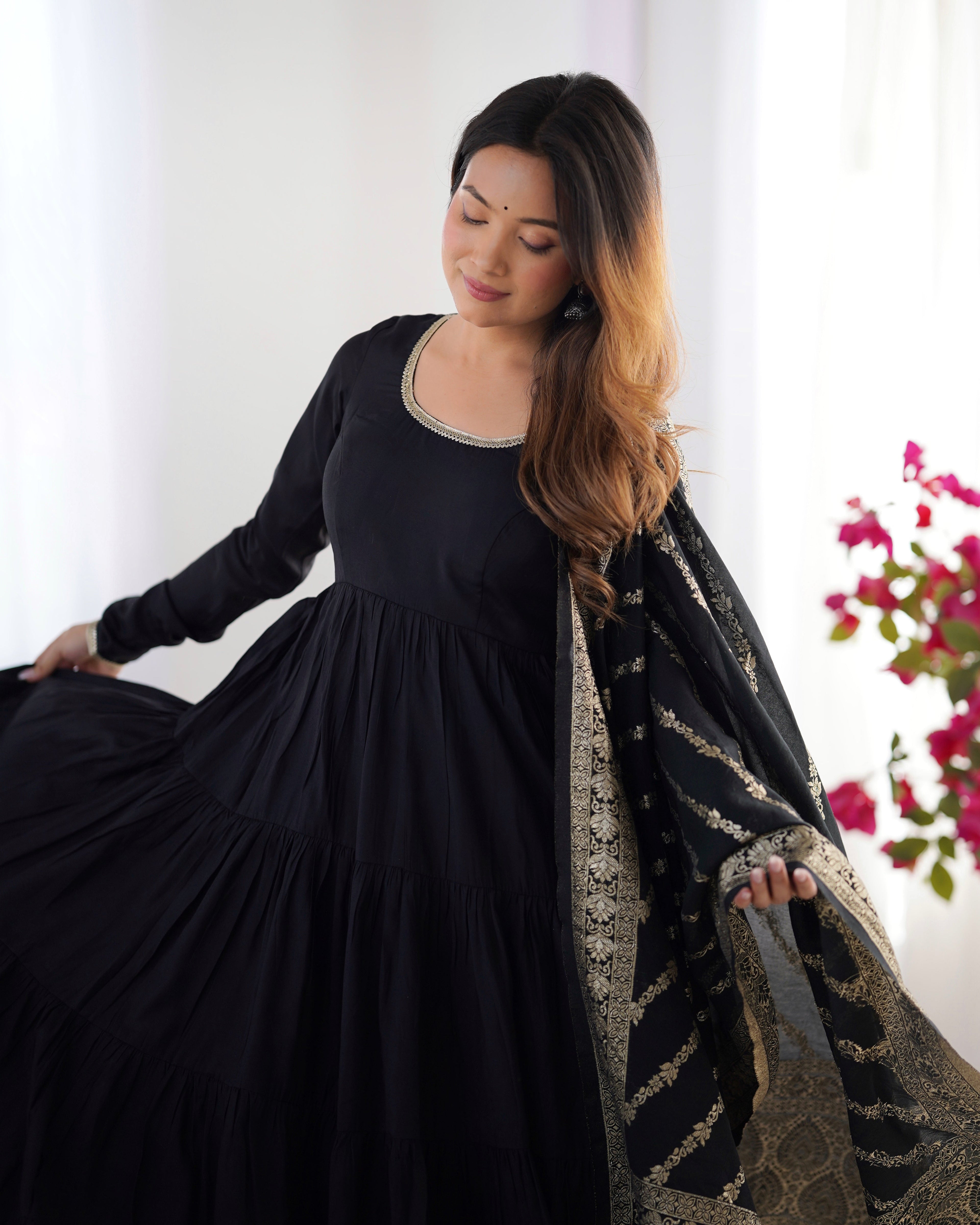 Black Premium Pure Roman Silk Chanderi Anarkali Set