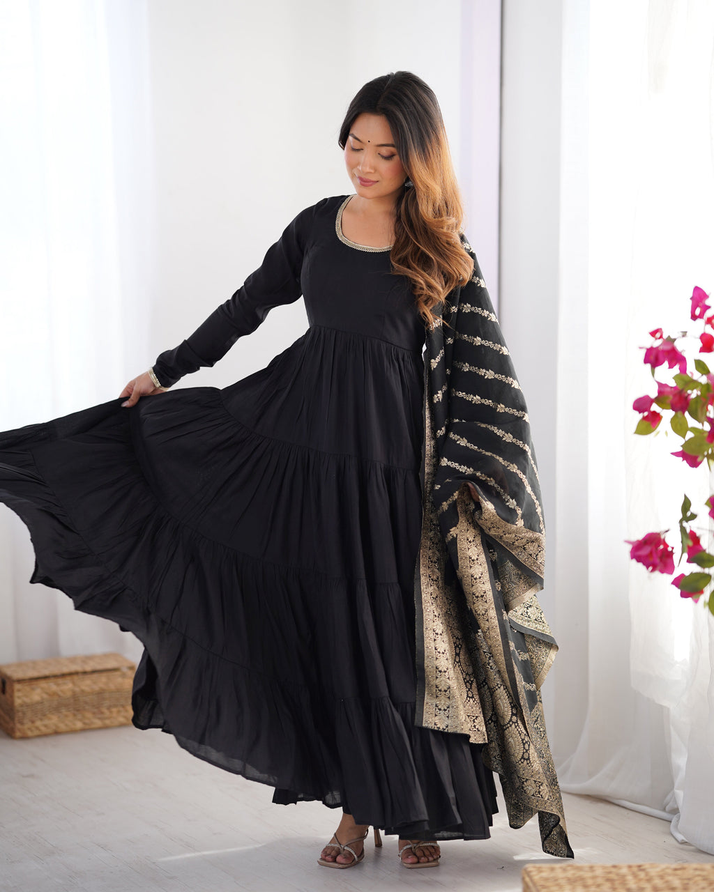 Black Premium Pure Roman Silk Chanderi Anarkali Set