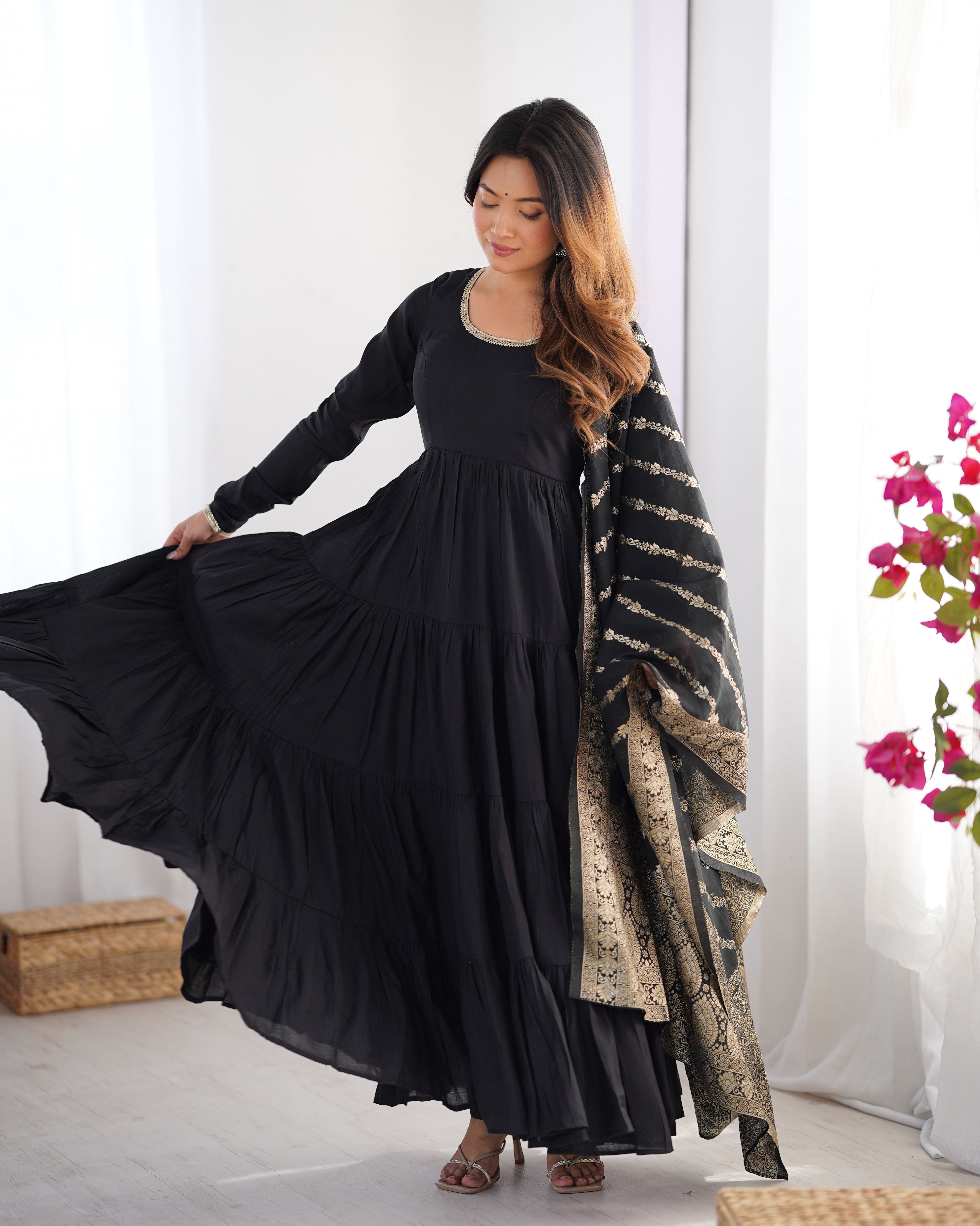 Black Premium Pure Roman Silk Chanderi Anarkali Set