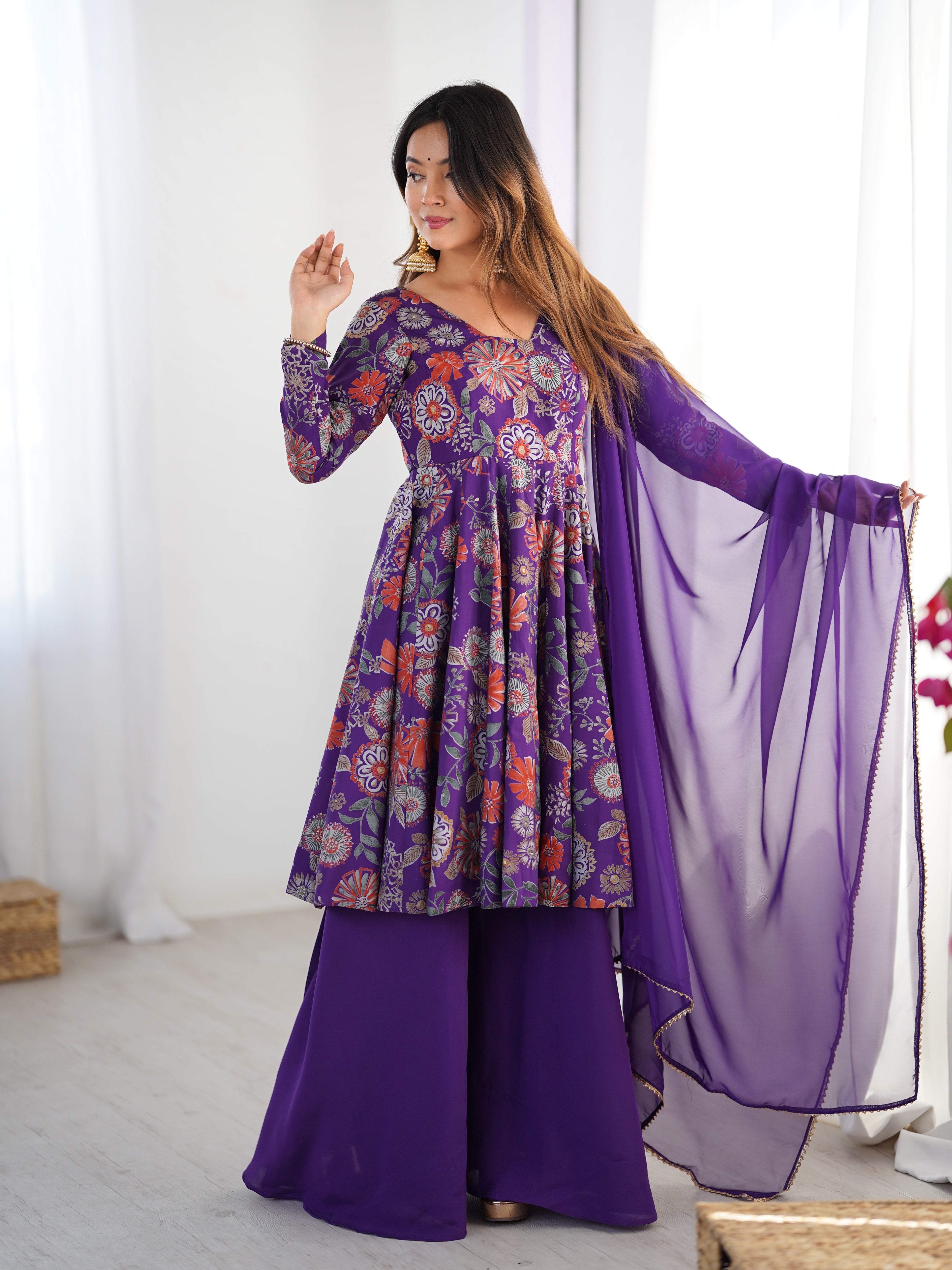 Purple Designer Roman Silk Chanderi Kediya Kurta Set – 4 Mtr Flair with Organza Dupatta & Palazzo
