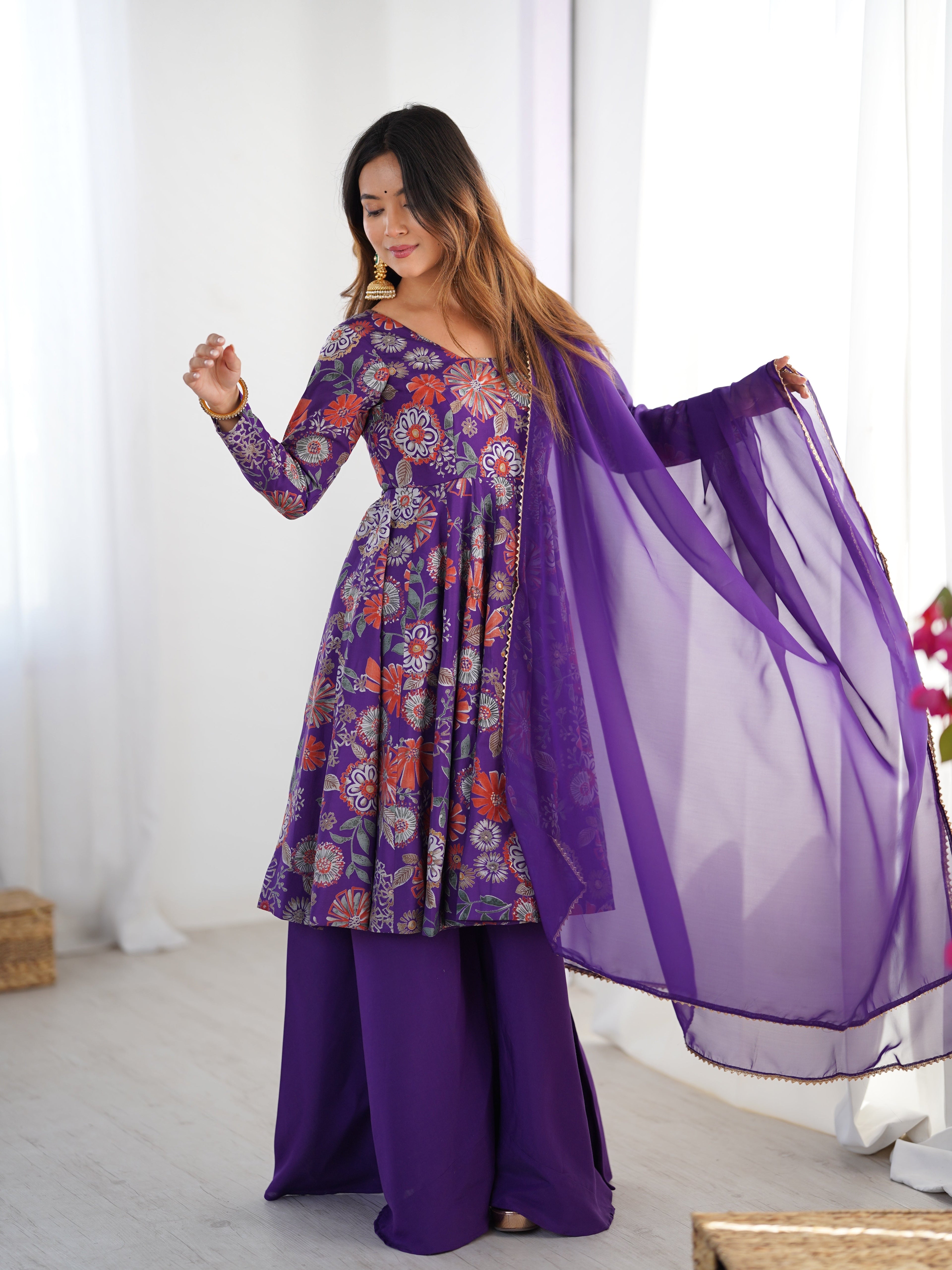 Purple Designer Roman Silk Chanderi Kediya Kurta Set – 4 Mtr Flair with Organza Dupatta & Palazzo