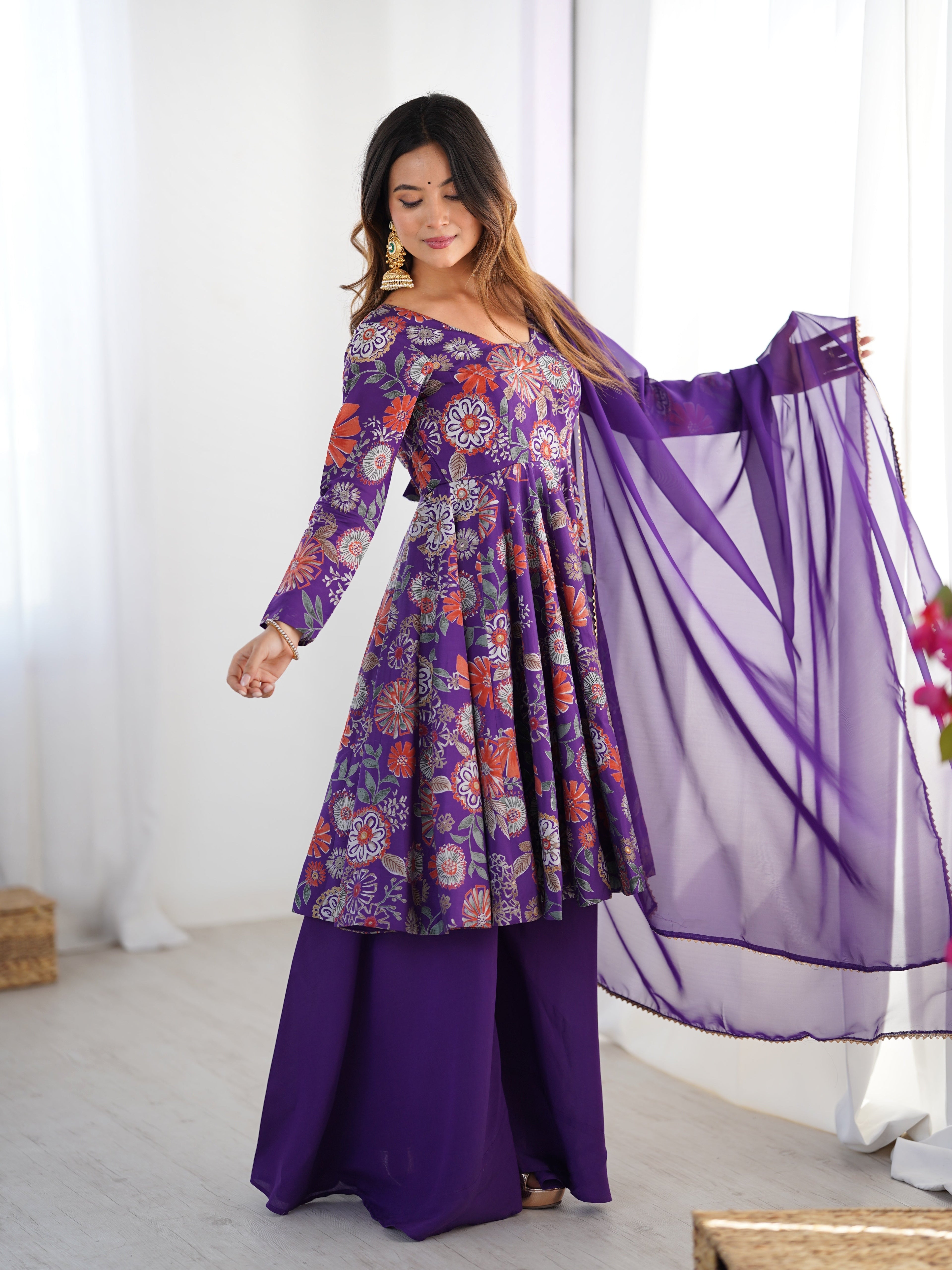 Purple Designer Roman Silk Chanderi Kediya Kurta Set – 4 Mtr Flair with Organza Dupatta & Palazzo