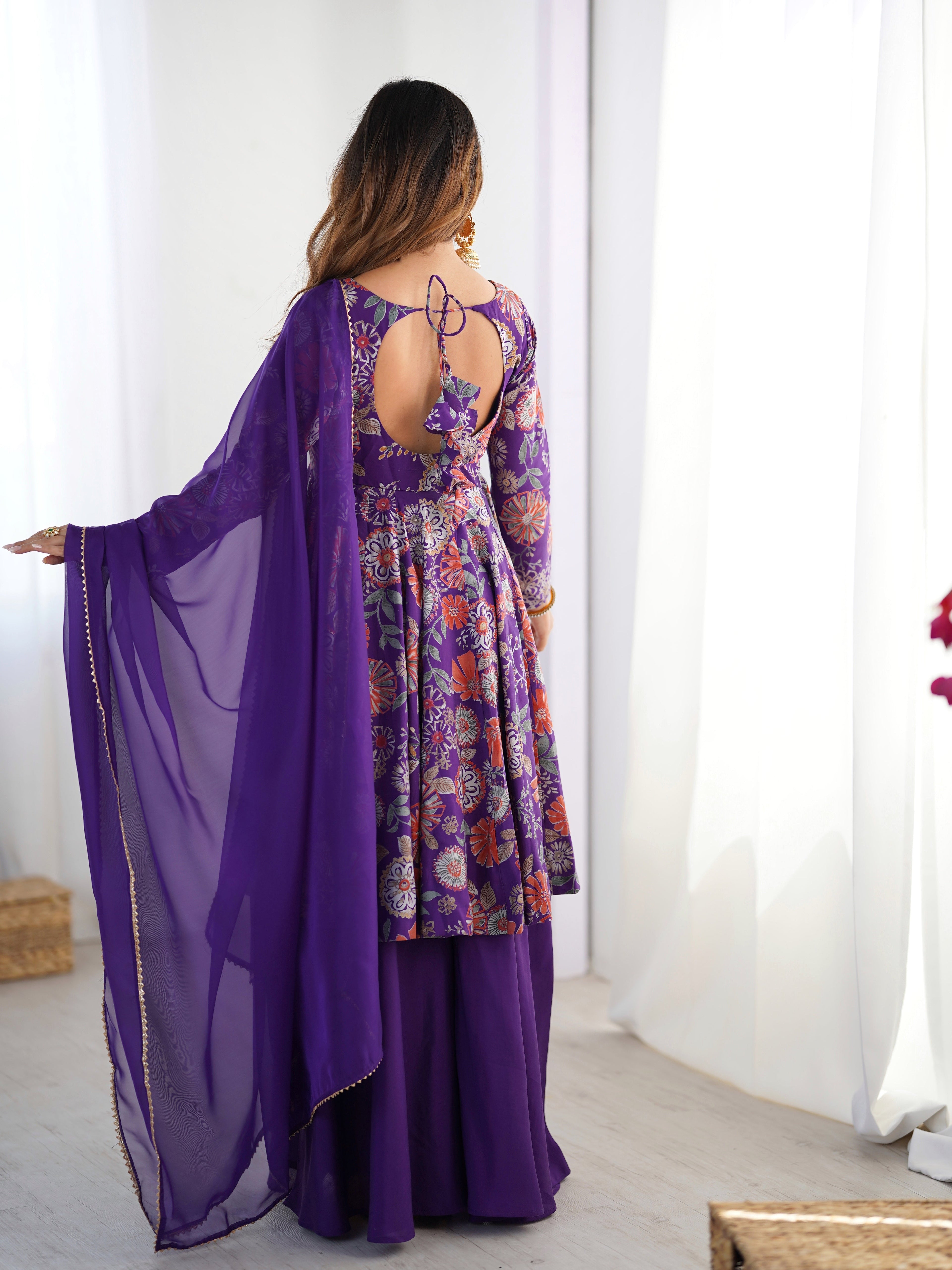 Purple Designer Roman Silk Chanderi Kediya Kurta Set – 4 Mtr Flair with Organza Dupatta & Palazzo