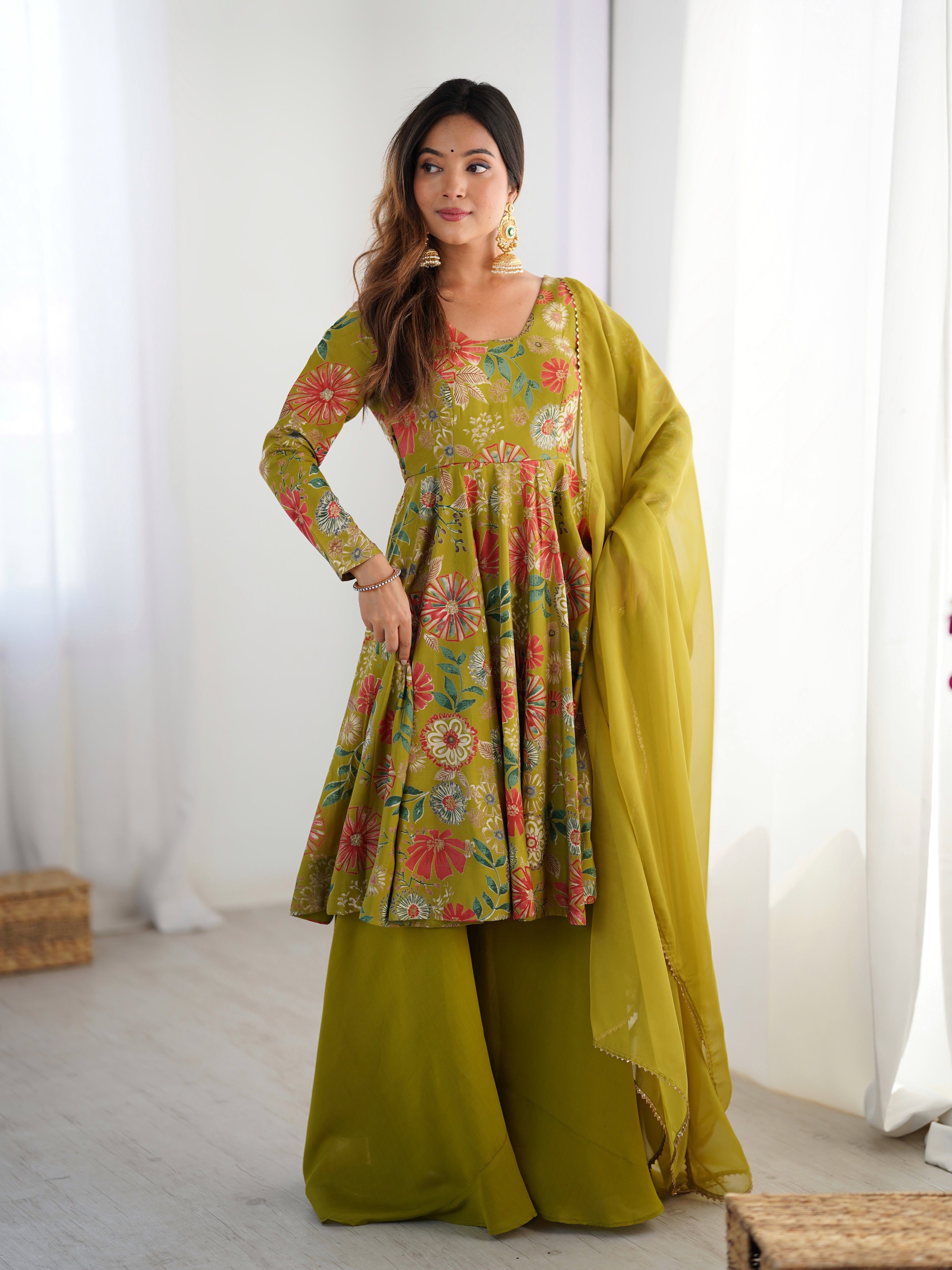 Mahendi Designer Roman Silk Chanderi Kediya Kurta Set – 4 Mtr Flair with Organza Dupatta & Palazzo