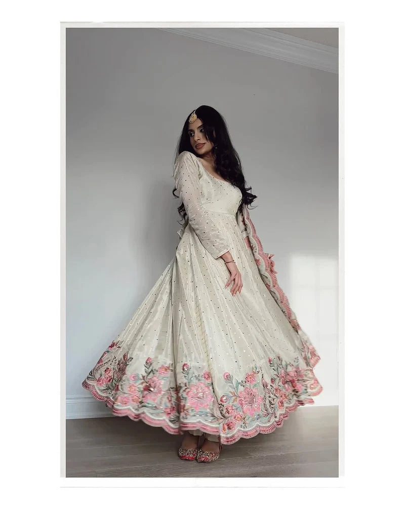 White New Heavy Pure Vichitra Silk Designer Anarkali Suit