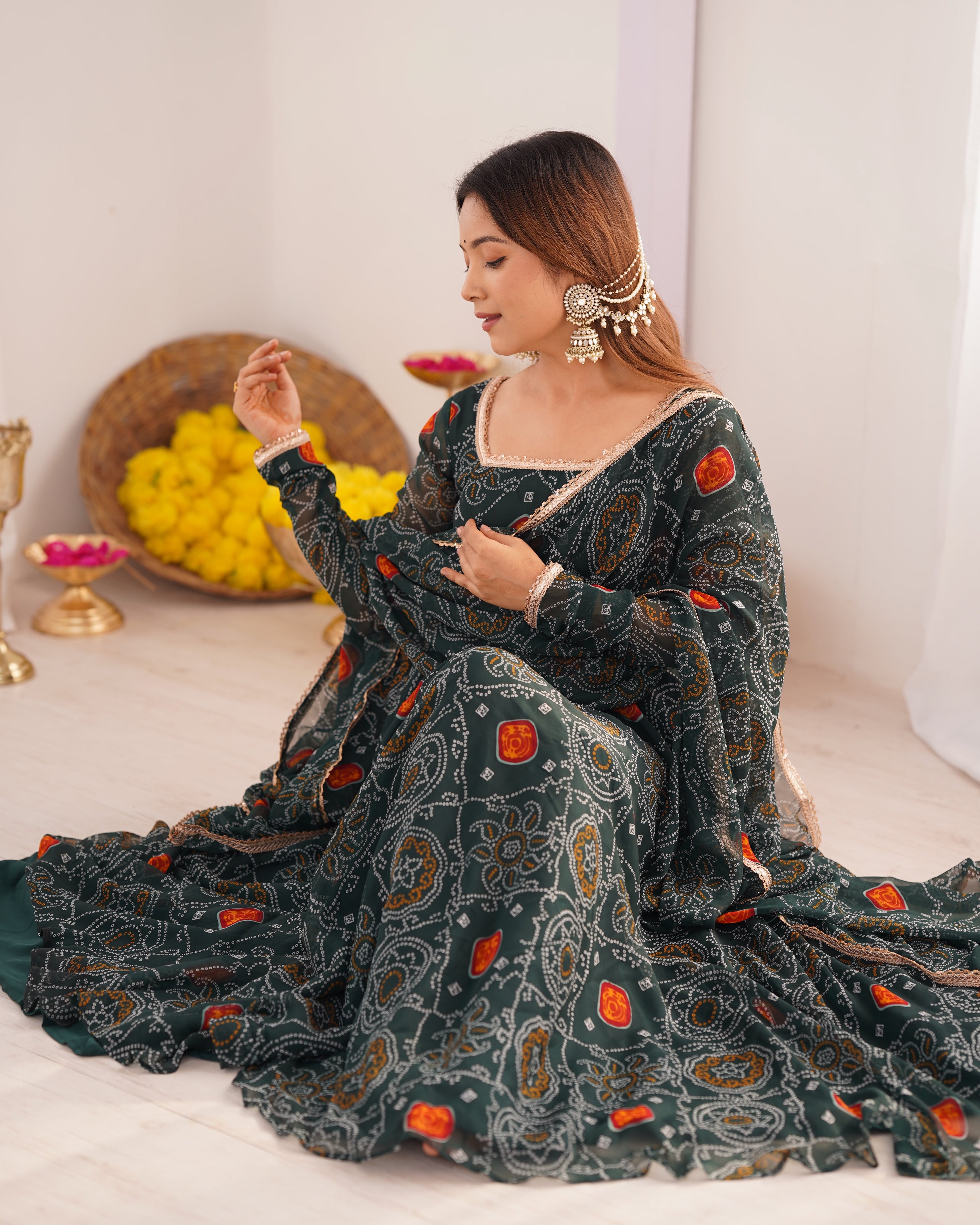 Lightweight Chiffon Bandhej Anarkali Set – 8 Mtr Flair with Lace Dupatta & Cotton Pant