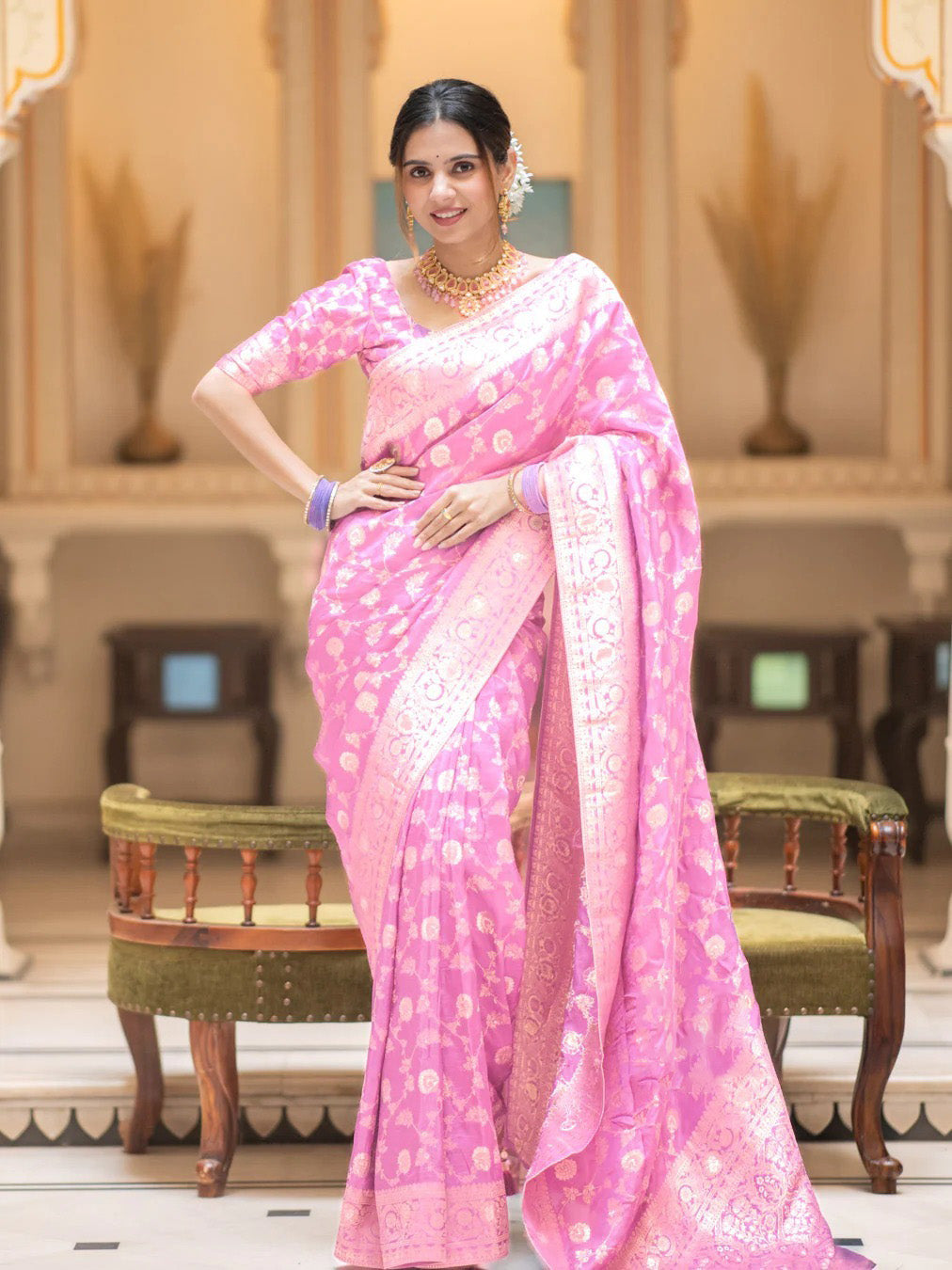 Mirmaya Glorious Baby Pink Soft Silk Saree With Opulent Blouse Piece