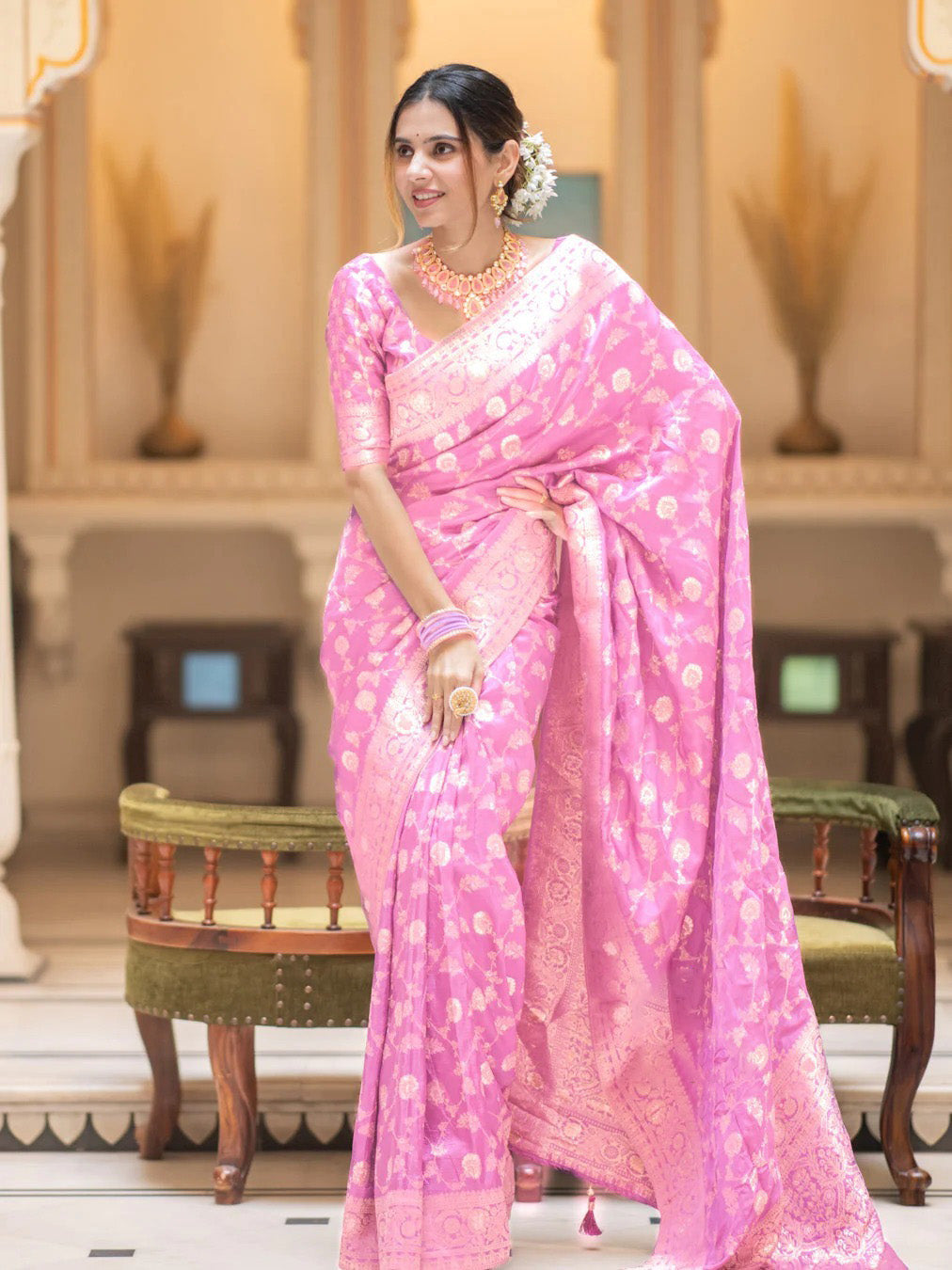 Mirmaya Glorious Baby Pink Soft Silk Saree With Opulent Blouse Piece