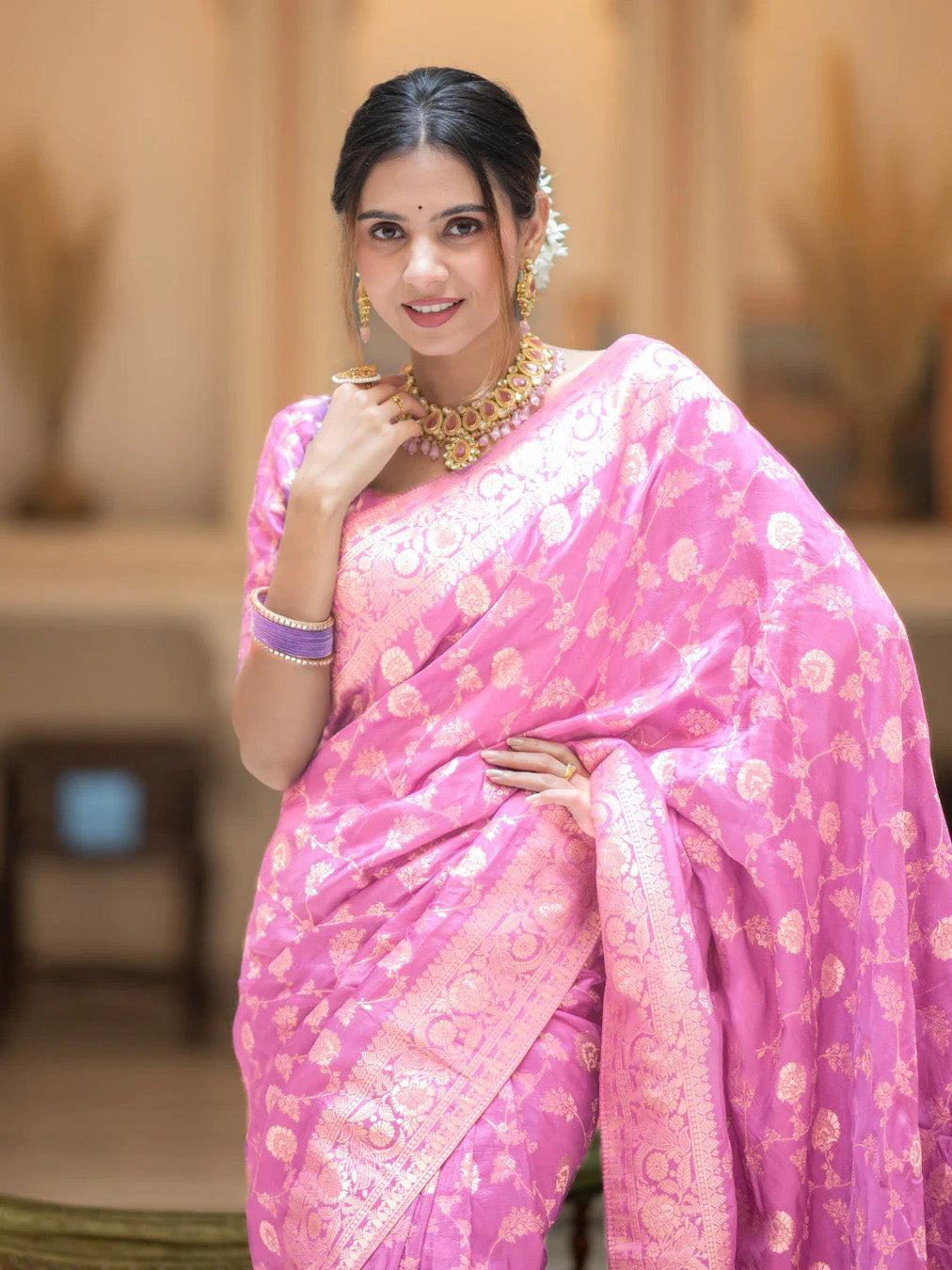 Mirmaya Glorious Baby Pink Soft Silk Saree With Opulent Blouse Piece