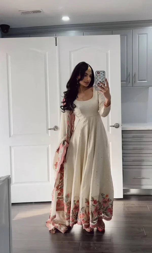 White New Heavy Pure Vichitra Silk Designer Anarkali Suit