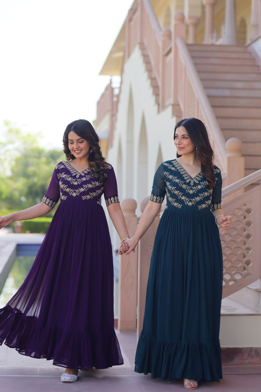 Faux Blooming Sequins & Beads Embroidered Anarkali Gown – Rama & Purple