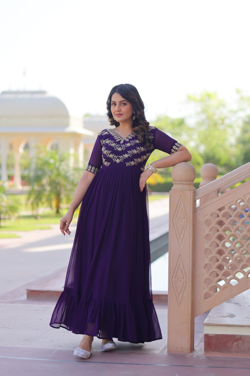 Faux Blooming Sequins & Beads Embroidered Anarkali Gown – Rama & Purple