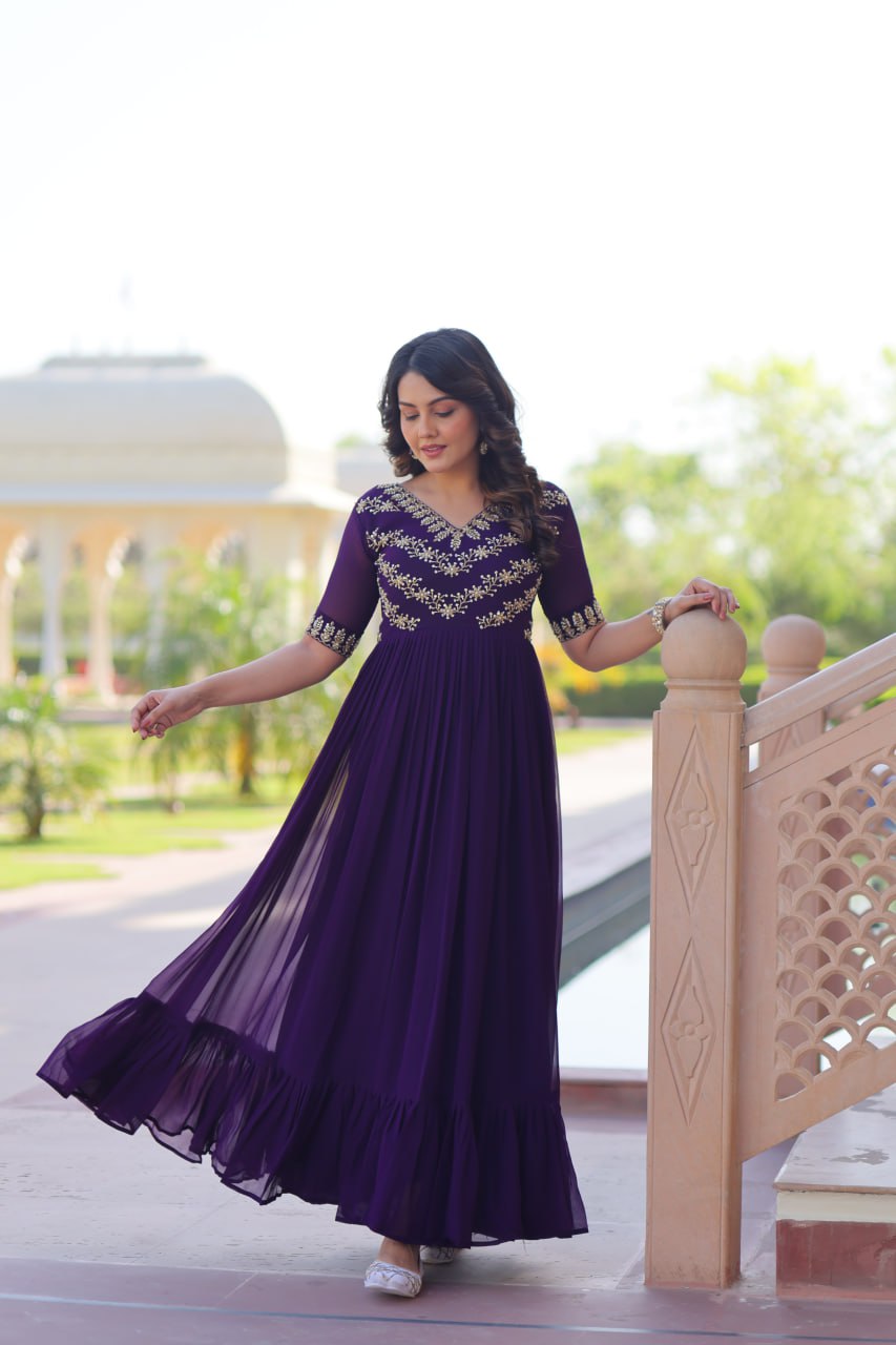Faux Blooming Sequins & Beads Embroidered Anarkali Gown – Rama & Purple