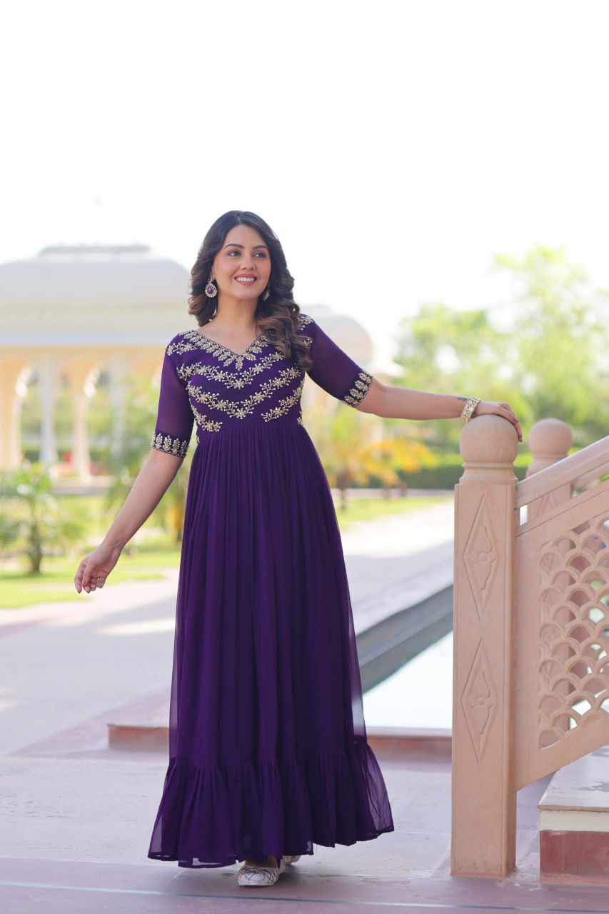 Faux Blooming Sequins & Beads Embroidered Anarkali Gown – Rama & Purple