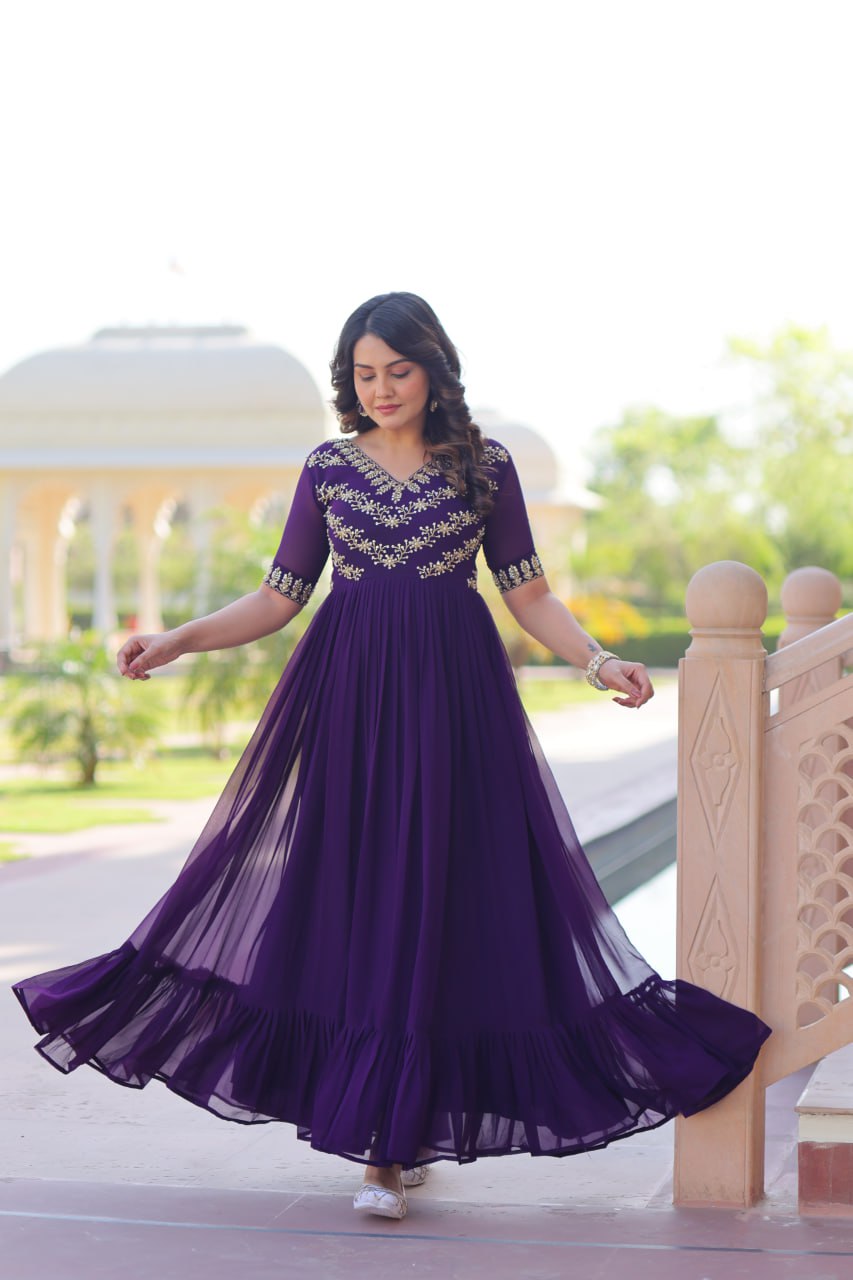 Faux Blooming Sequins & Beads Embroidered Anarkali Gown – Rama & Purple