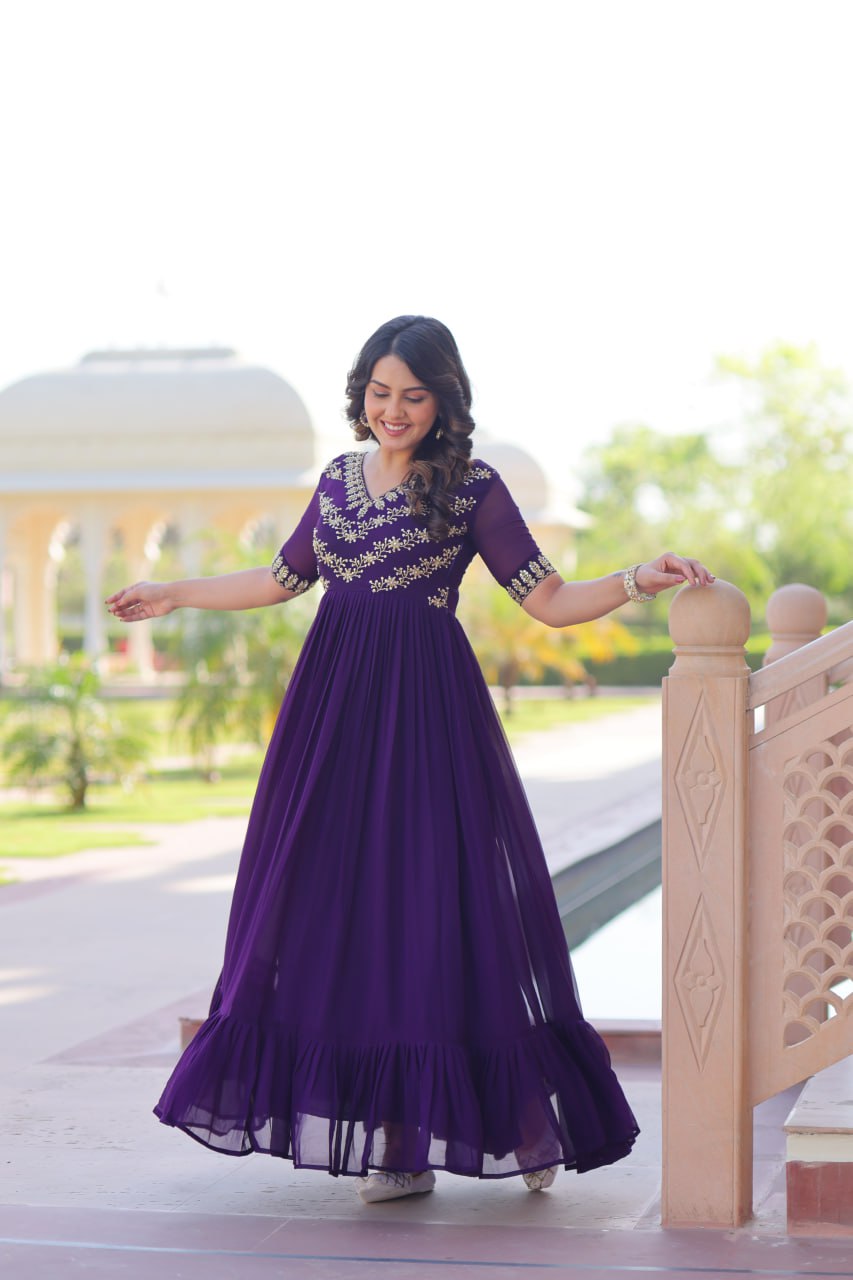 Faux Blooming Sequins & Beads Embroidered Anarkali Gown – Rama & Purple