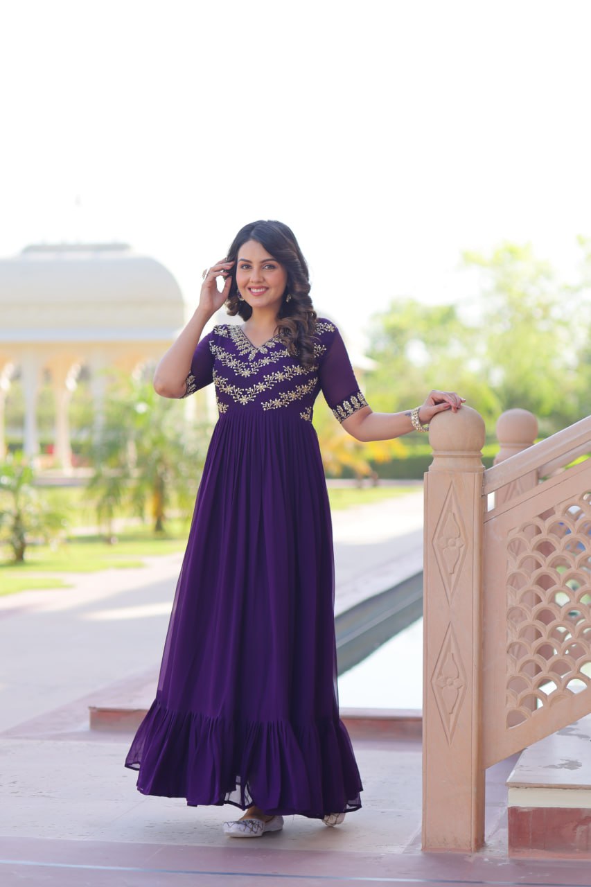 Faux Blooming Sequins & Beads Embroidered Anarkali Gown – Rama & Purple