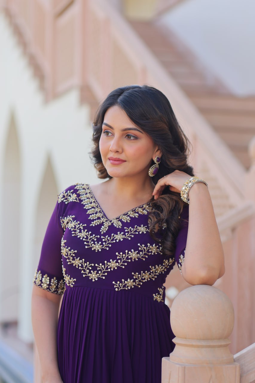 Faux Blooming Sequins & Beads Embroidered Anarkali Gown – Rama & Purple