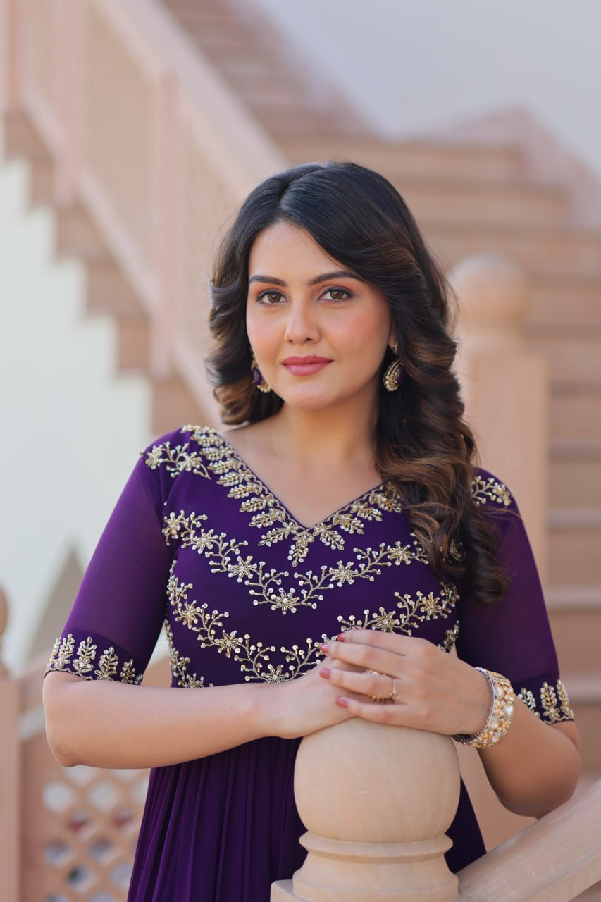 Faux Blooming Sequins & Beads Embroidered Anarkali Gown – Rama & Purple