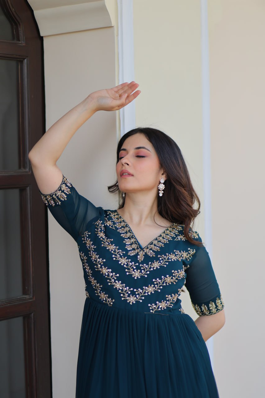 Faux Blooming Sequins & Beads Embroidered Anarkali Gown – Rama & Purple