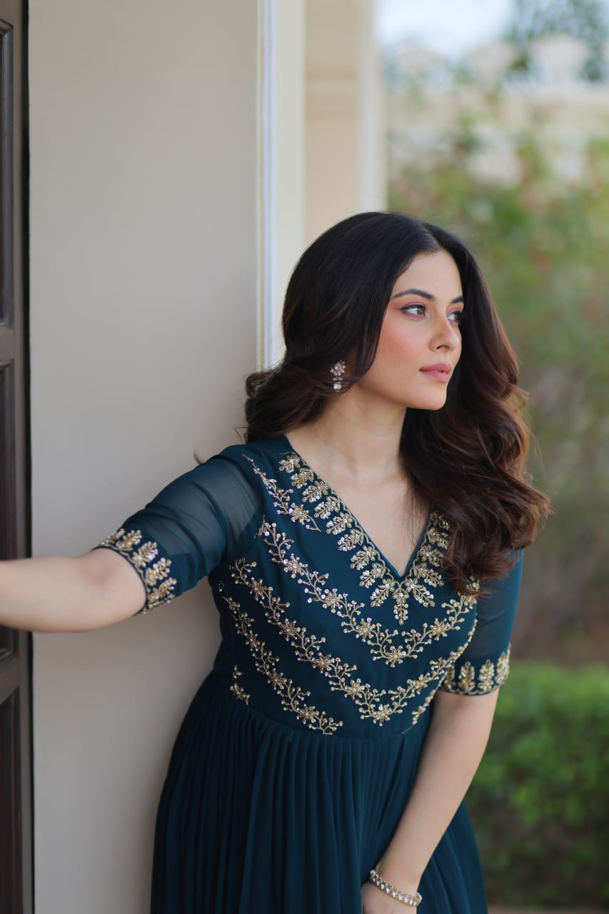 Faux Blooming Sequins & Beads Embroidered Anarkali Gown – Rama & Purple