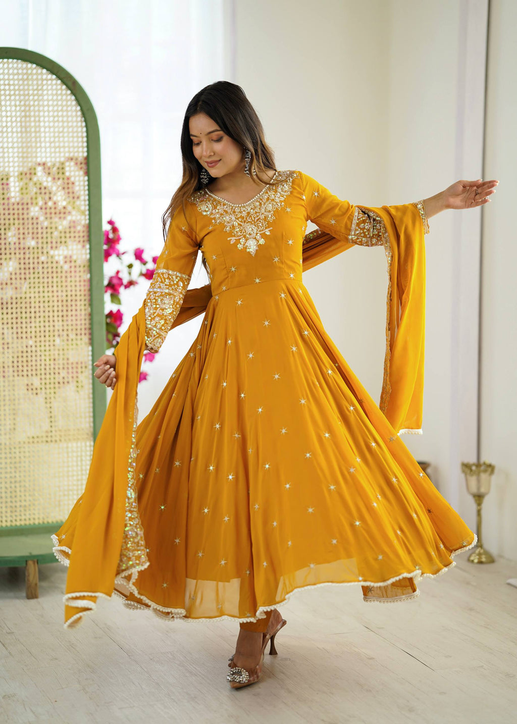 Mirmaya Yellow Designer Anarkali Gown with Dupatta & Bottom | Heavy Embroidery Rainbow Sequin Work
