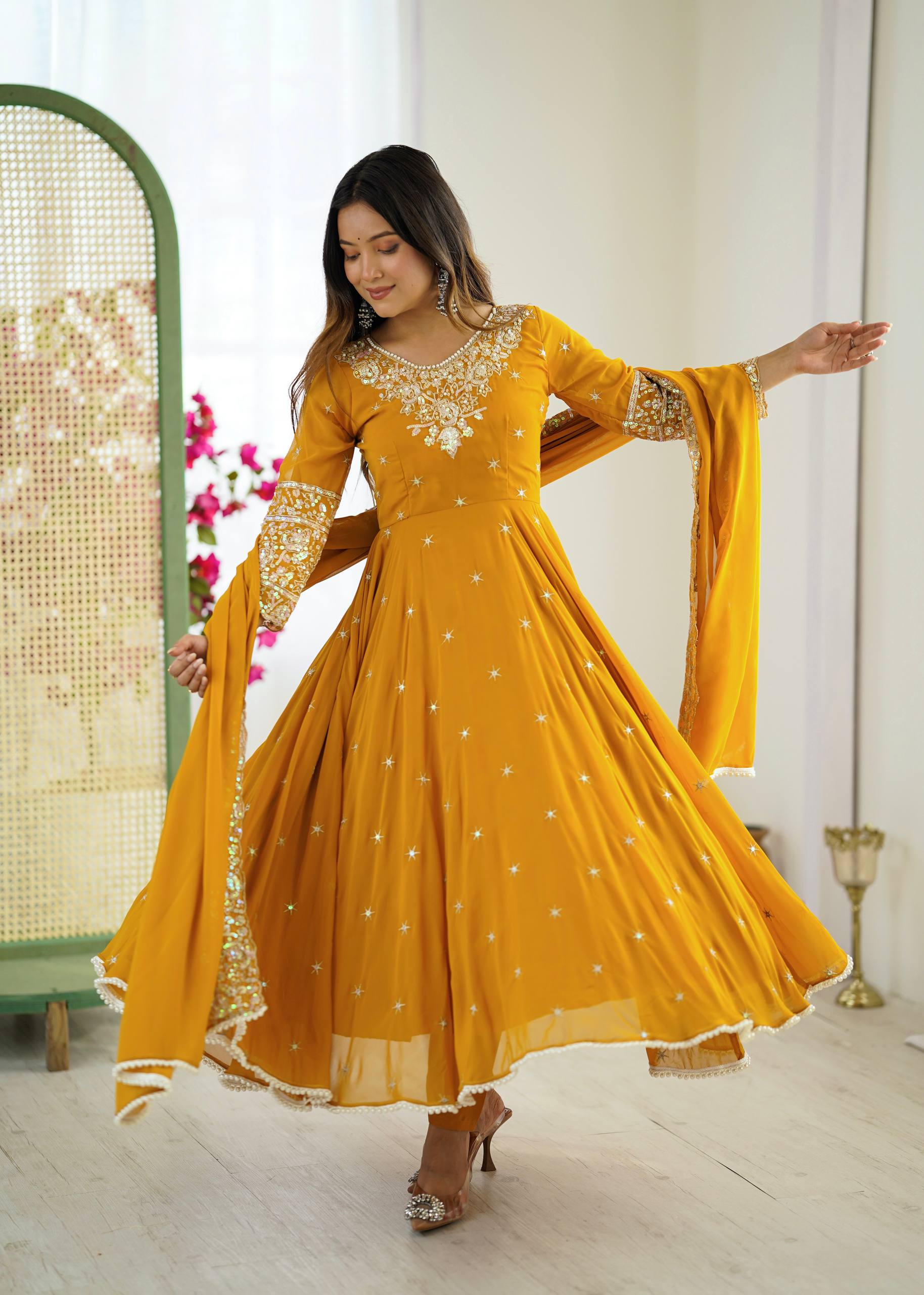 Mirmaya Yellow Designer Anarkali Gown with Dupatta & Bottom | Heavy Embroidery Rainbow Sequin Work