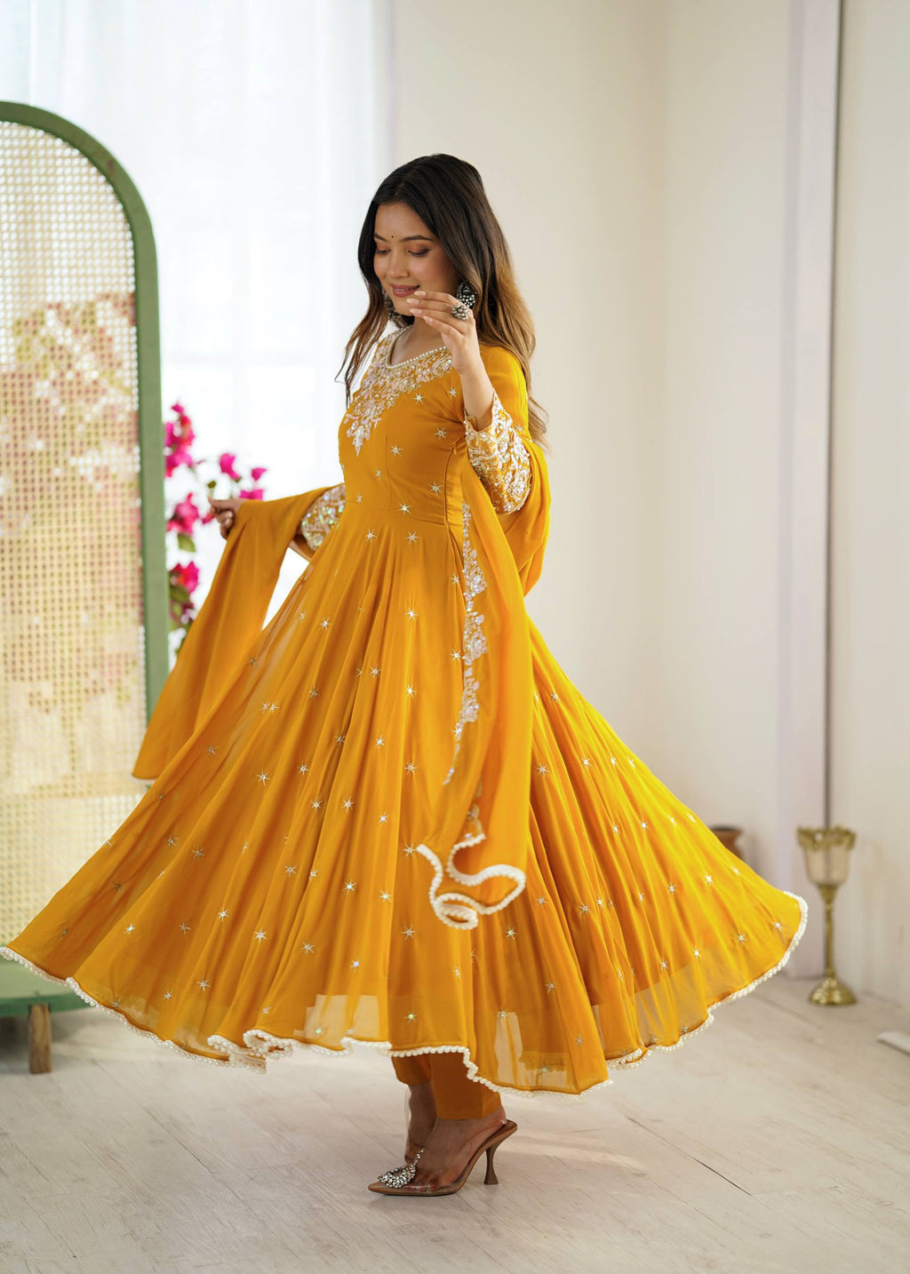 Mirmaya Yellow Designer Anarkali Gown with Dupatta & Bottom | Heavy Embroidery Rainbow Sequin Work