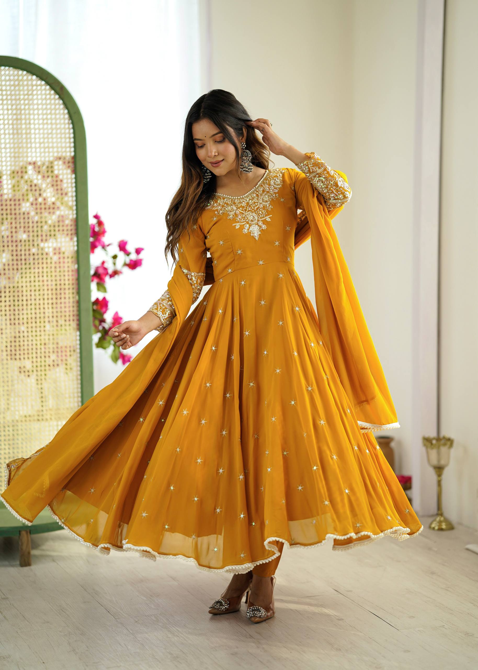 Mirmaya Yellow Designer Anarkali Gown with Dupatta & Bottom | Heavy Embroidery Rainbow Sequin Work