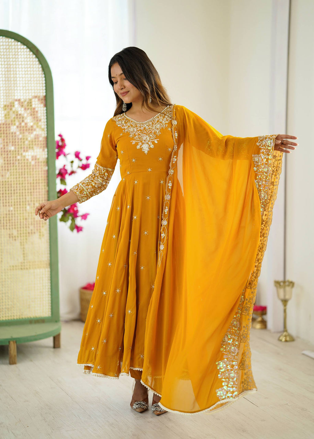 Mirmaya Yellow Designer Anarkali Gown with Dupatta & Bottom | Heavy Embroidery Rainbow Sequin Work