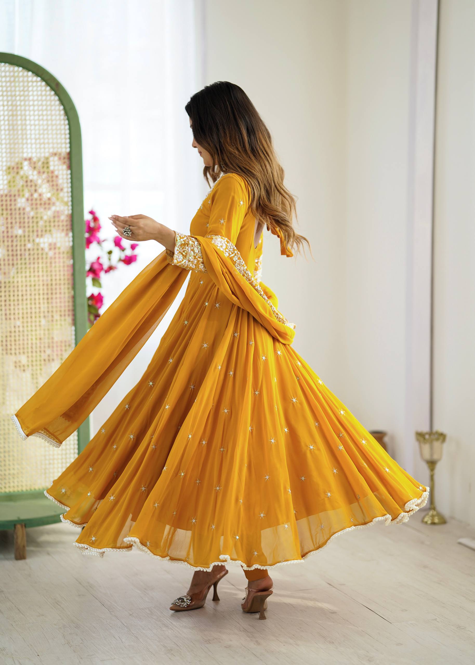 Mirmaya Yellow Designer Anarkali Gown with Dupatta & Bottom | Heavy Embroidery Rainbow Sequin Work