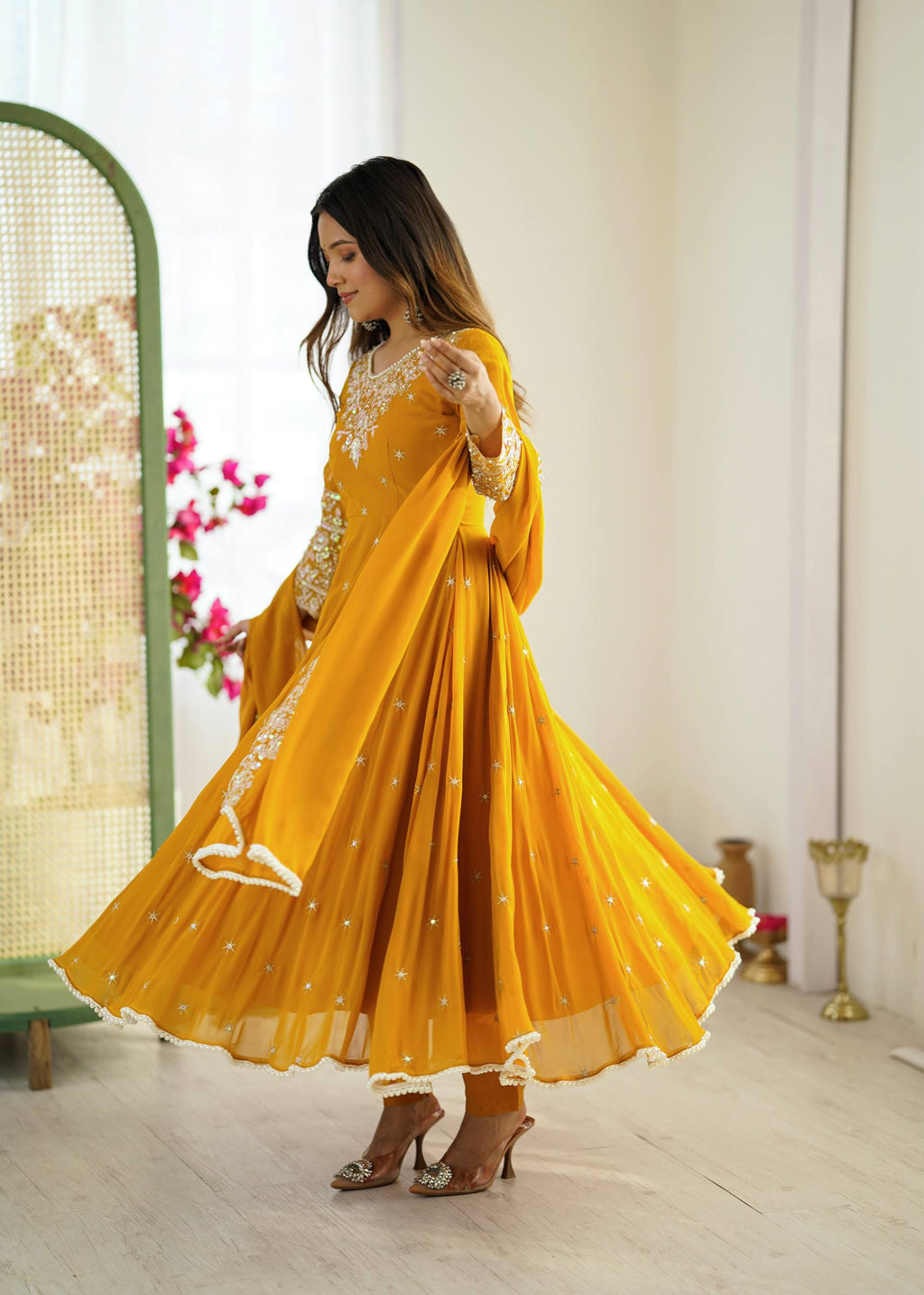 Mirmaya Yellow Designer Anarkali Gown with Dupatta & Bottom | Heavy Embroidery Rainbow Sequin Work