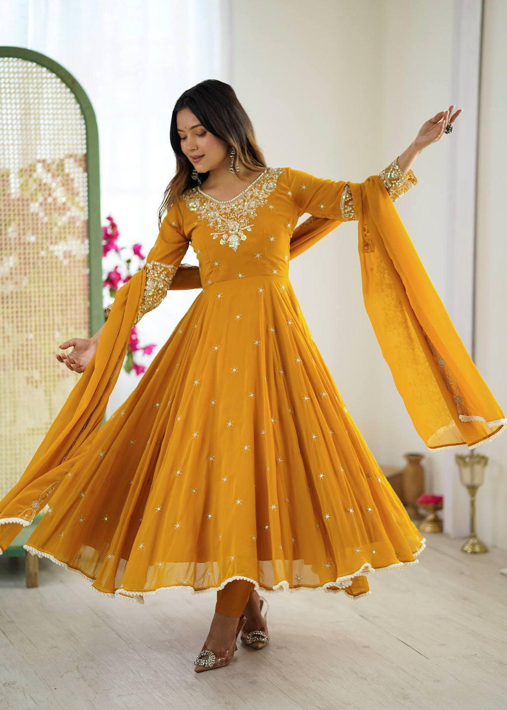 Mirmaya Yellow Designer Anarkali Gown with Dupatta & Bottom | Heavy Embroidery Rainbow Sequin Work