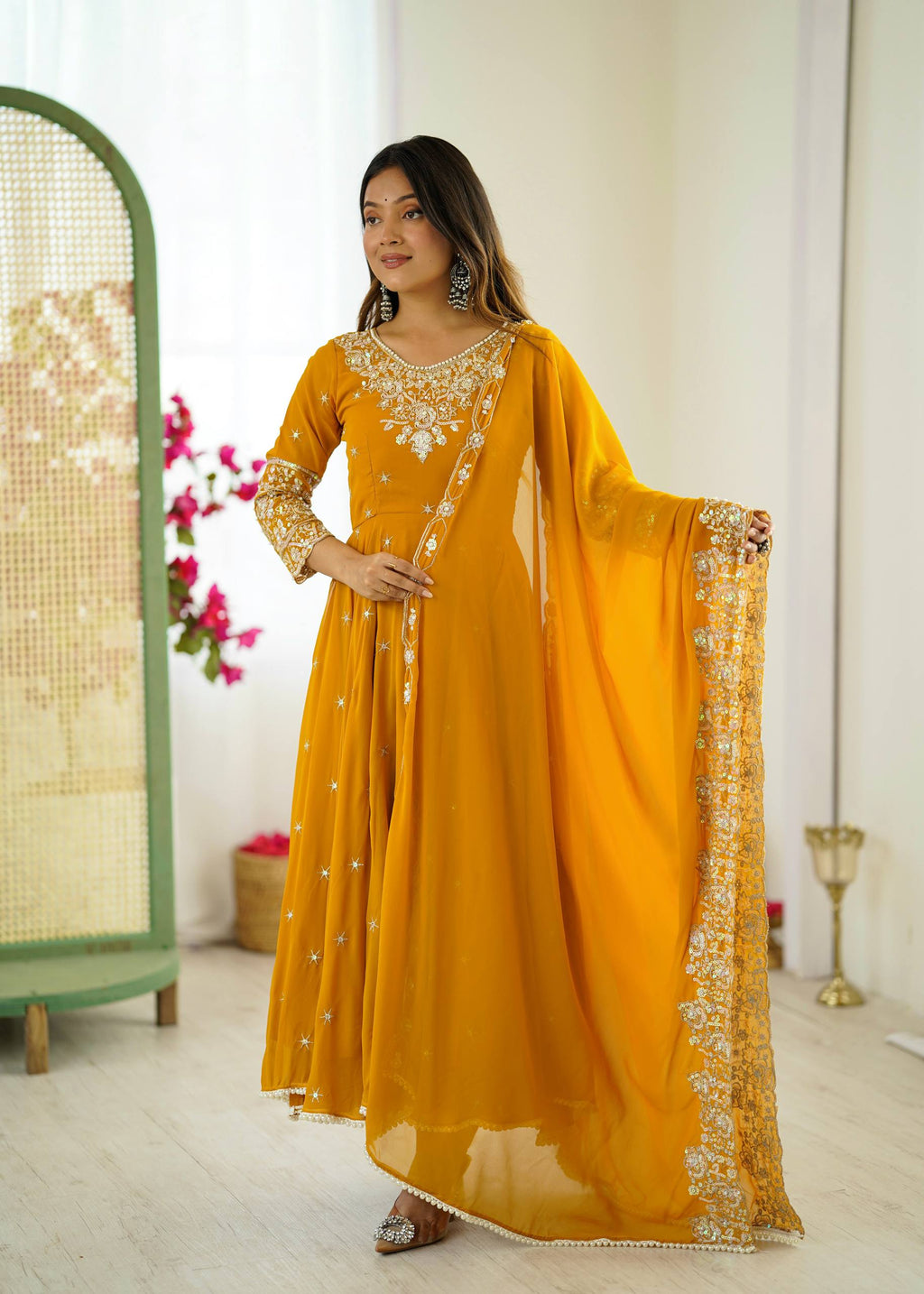 Mirmaya Yellow Designer Anarkali Gown with Dupatta & Bottom | Heavy Embroidery Rainbow Sequin Work