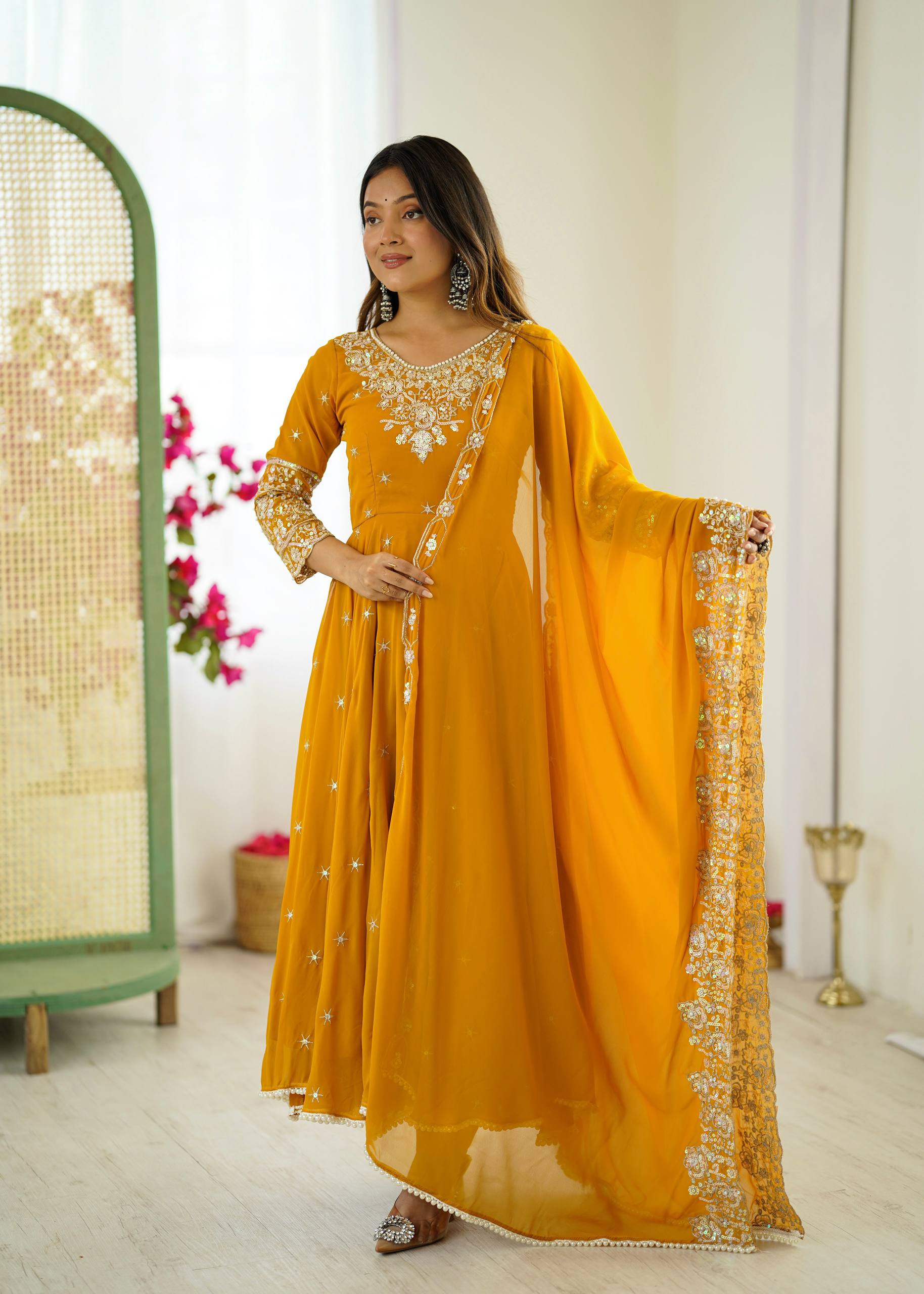 Mirmaya Yellow Designer Anarkali Gown with Dupatta & Bottom | Heavy Embroidery Rainbow Sequin Work