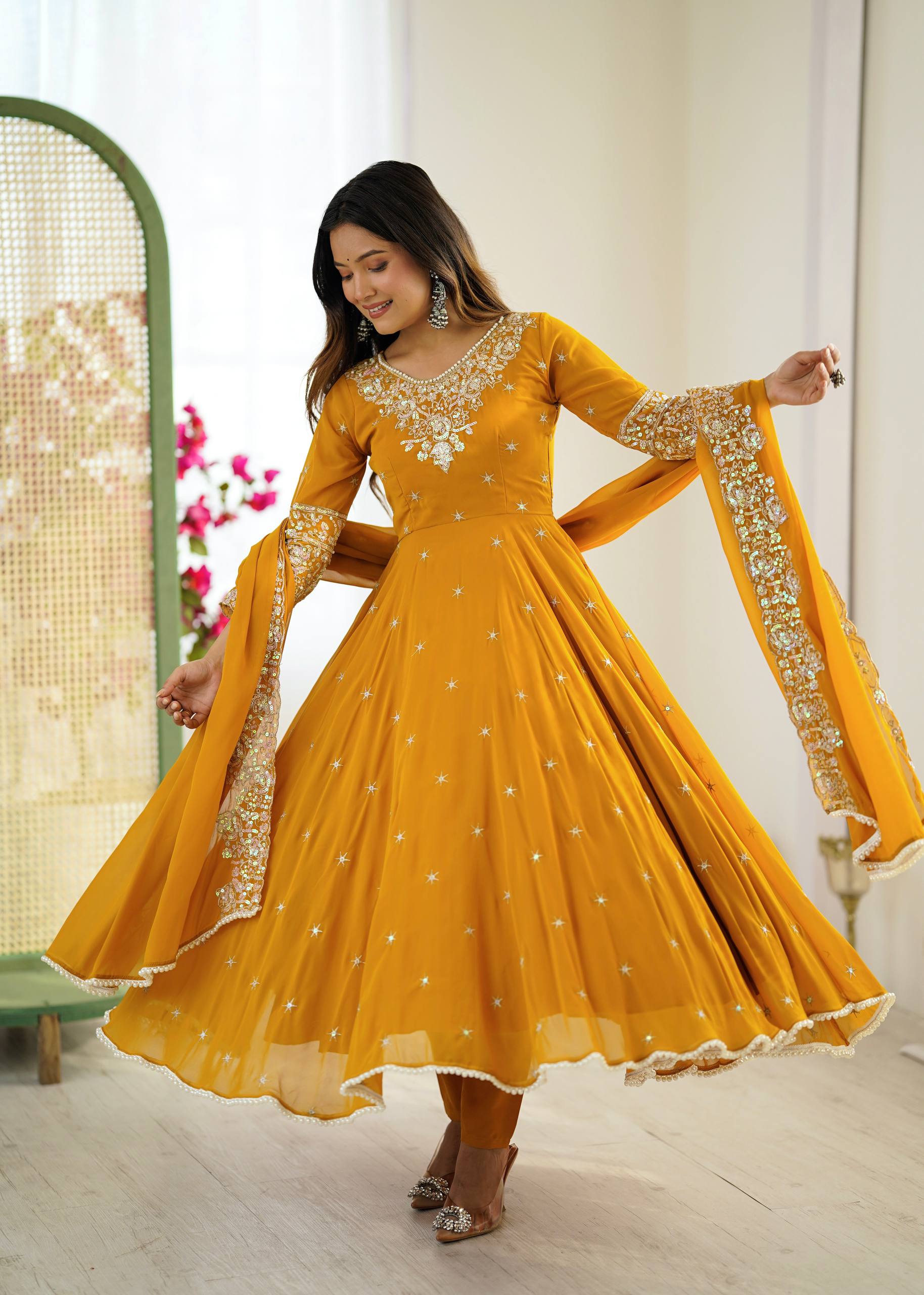 Mirmaya Yellow Designer Anarkali Gown with Dupatta & Bottom | Heavy Embroidery Rainbow Sequin Work