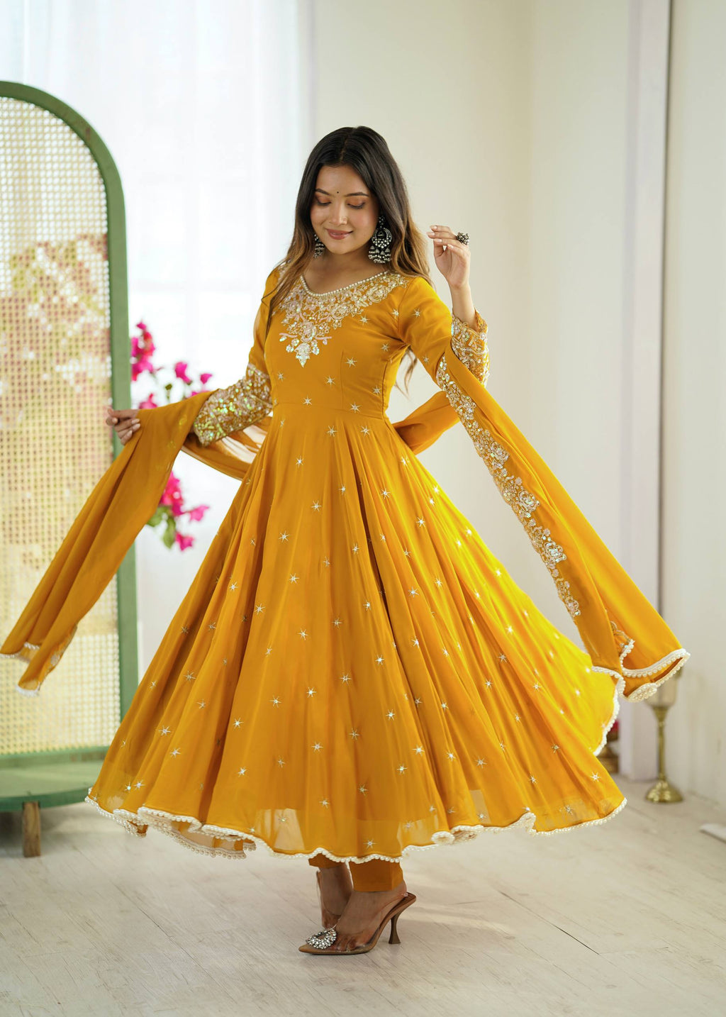 Mirmaya Yellow Designer Anarkali Gown with Dupatta & Bottom | Heavy Embroidery Rainbow Sequin Work