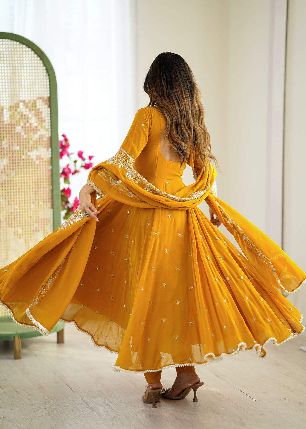 Mirmaya Yellow Designer Anarkali Gown with Dupatta & Bottom | Heavy Embroidery Rainbow Sequin Work