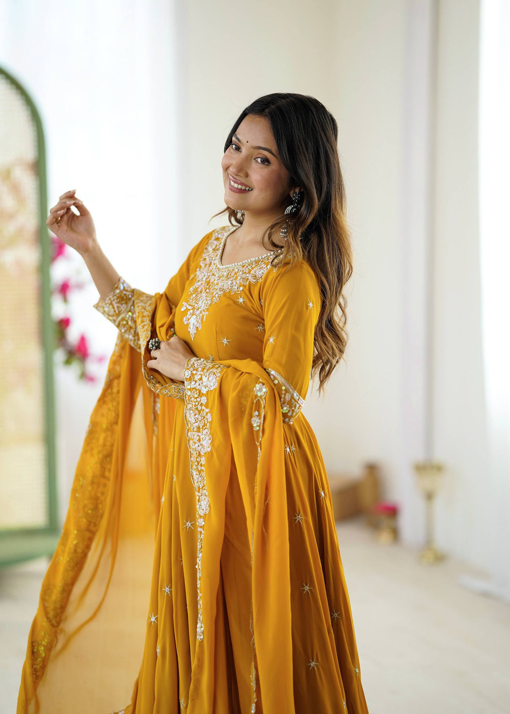 Mirmaya Yellow Designer Anarkali Gown with Dupatta & Bottom | Heavy Embroidery Rainbow Sequin Work