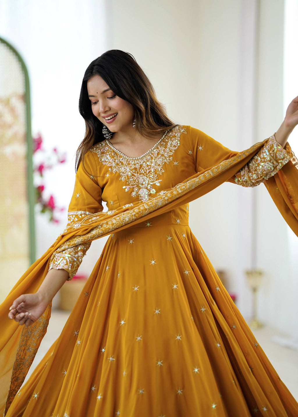 Mirmaya Yellow Designer Anarkali Gown with Dupatta & Bottom | Heavy Embroidery Rainbow Sequin Work