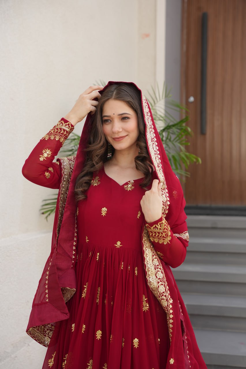 Red Designer Anarkali Suit Set