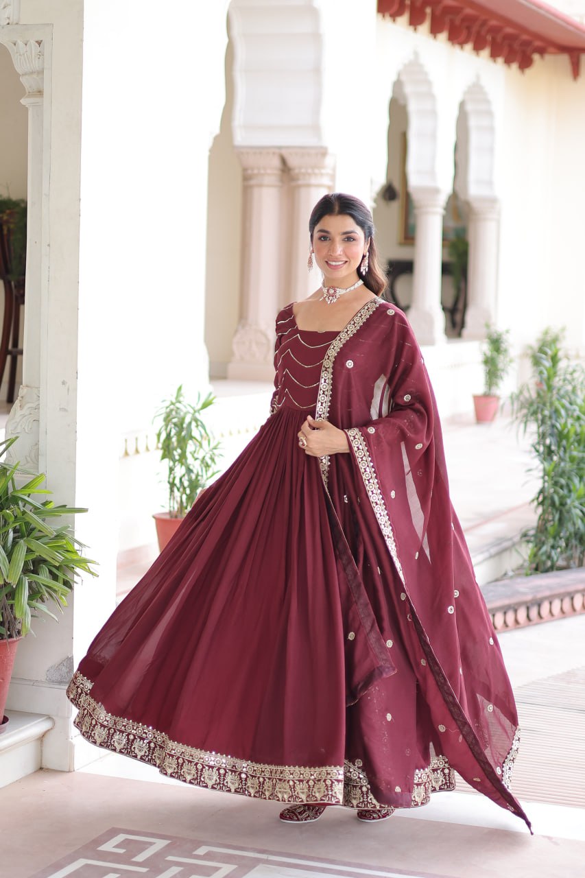 Designer Vichitra Silk with Rich Sequins Embroidered Work Anarkali Gown
