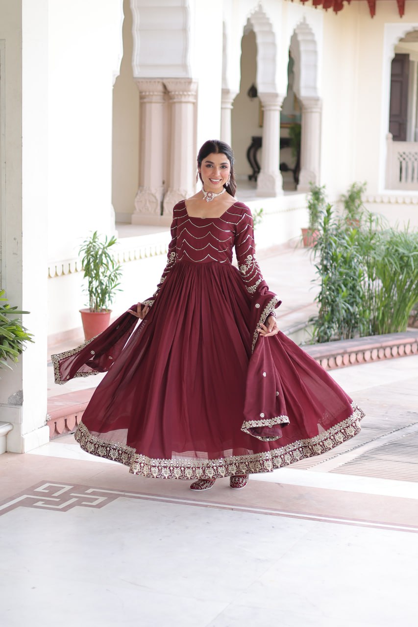Designer Vichitra Silk with Rich Sequins Embroidered Work Anarkali Gown