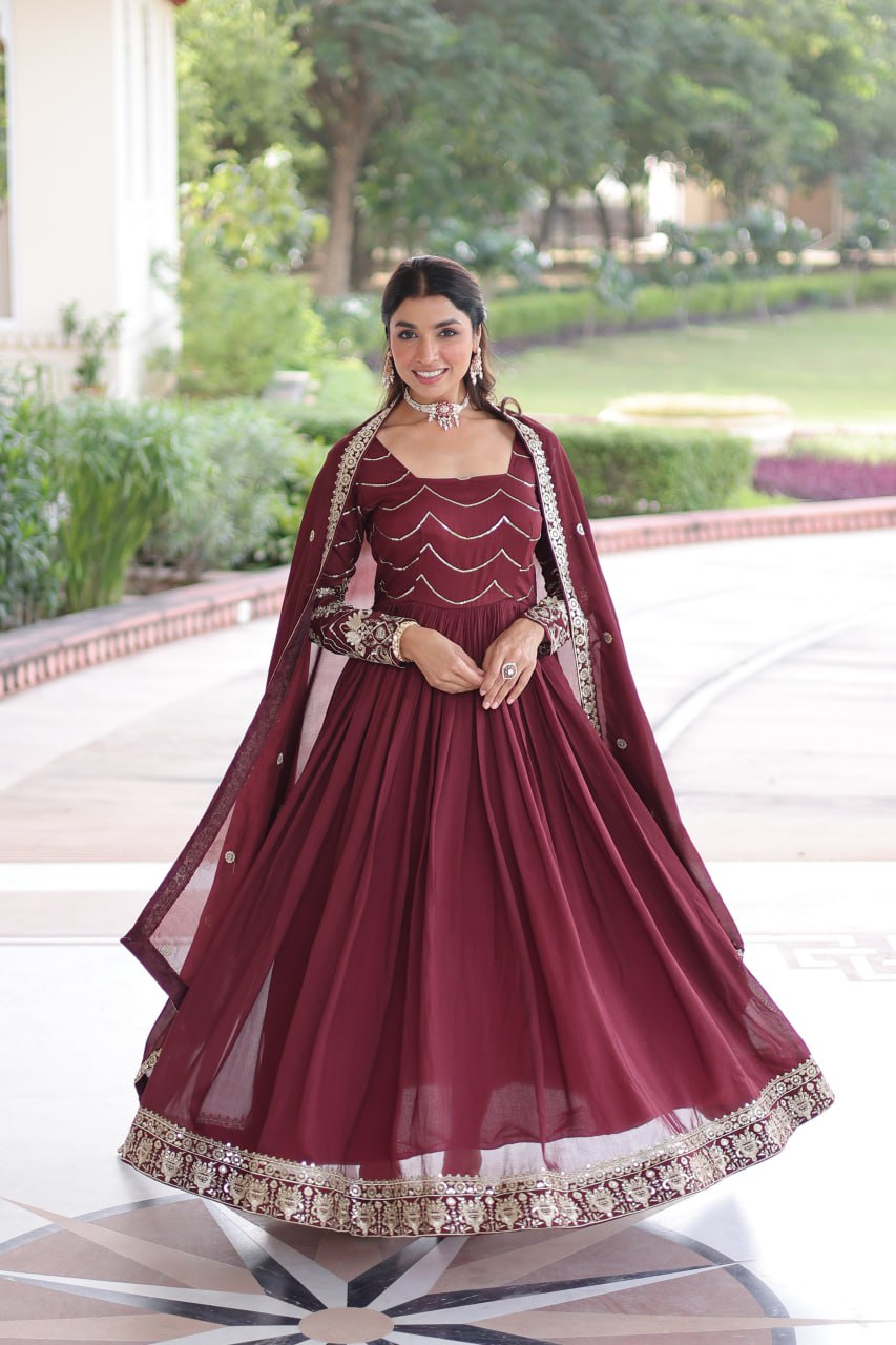 Designer Vichitra Silk with Rich Sequins Embroidered Work Anarkali Gown