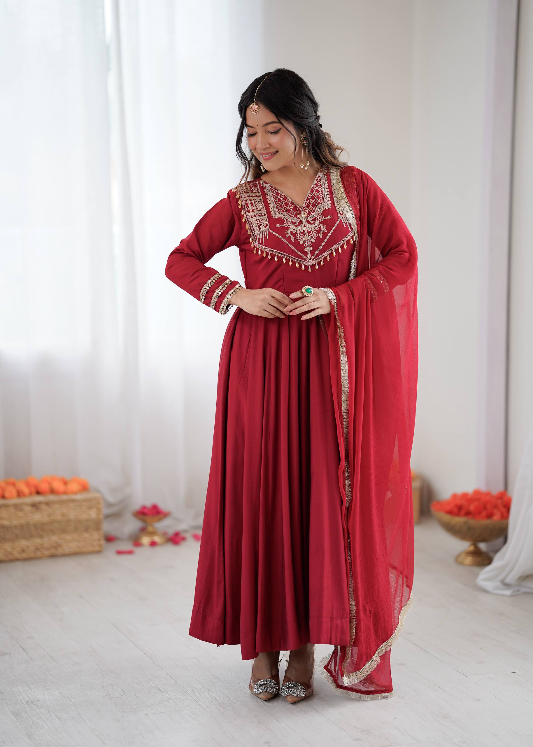 Maroon Premium Designer  Roman Silk Anarkali Suit