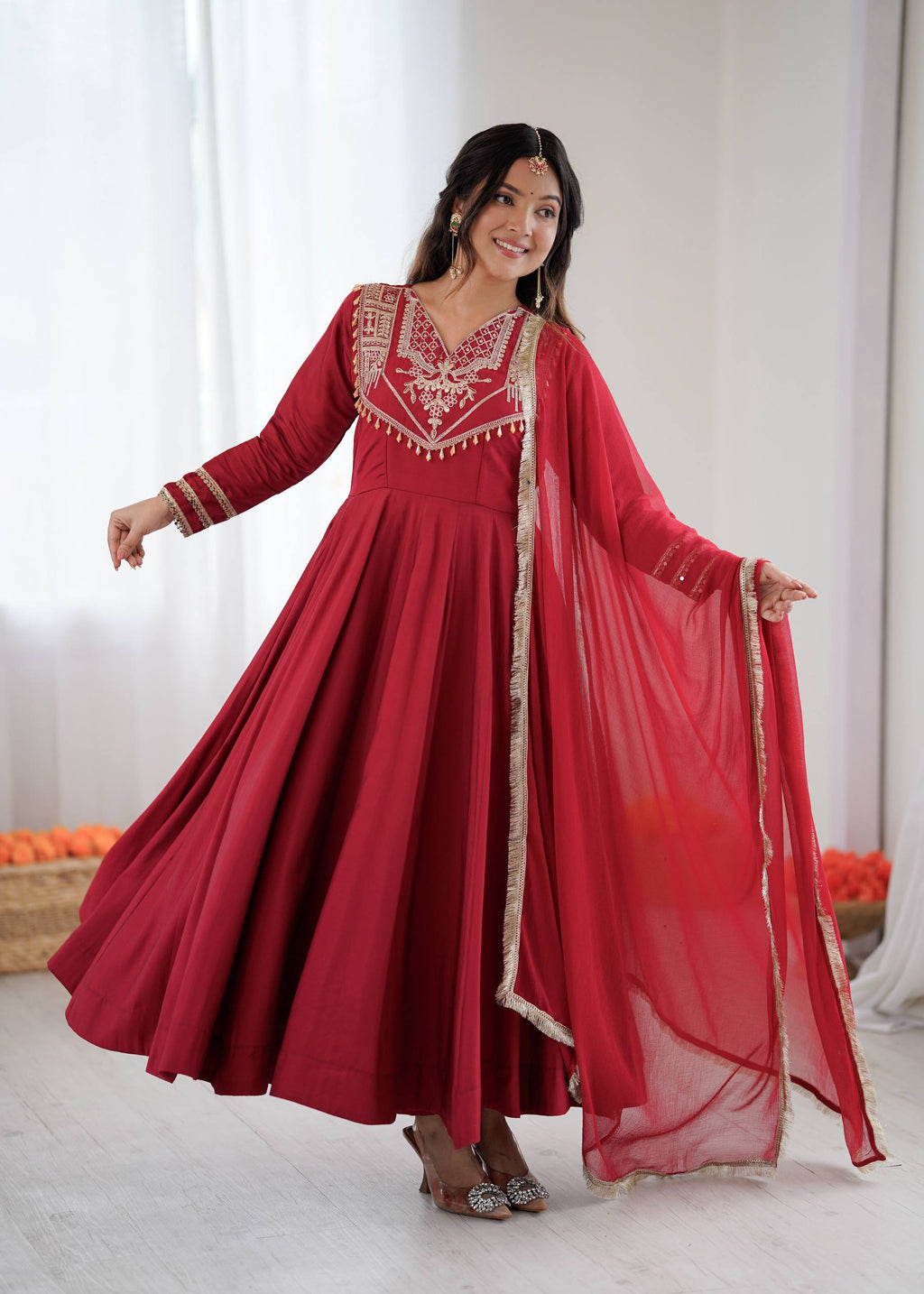Maroon Premium Designer  Roman Silk Anarkali Suit