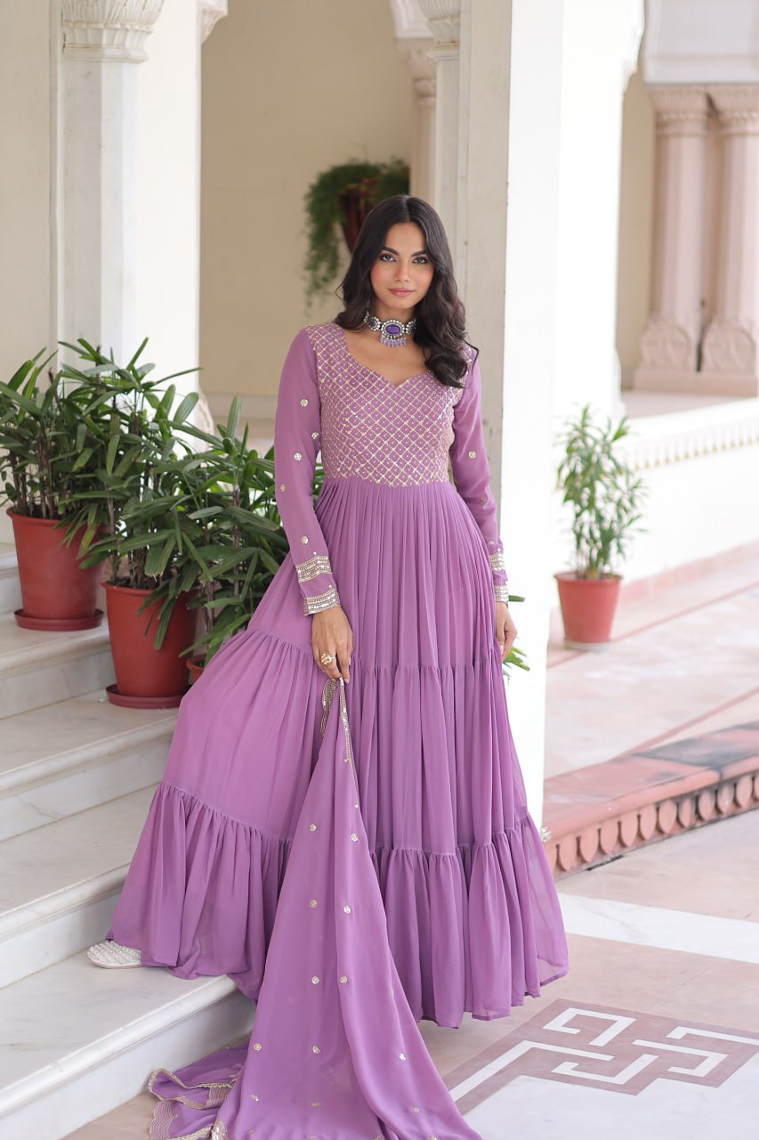 Premium Faux Georgette Embroidered Gown Set