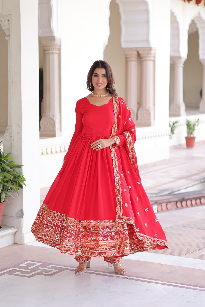 Vichitra Silk Embroidered Gown Set (Red)