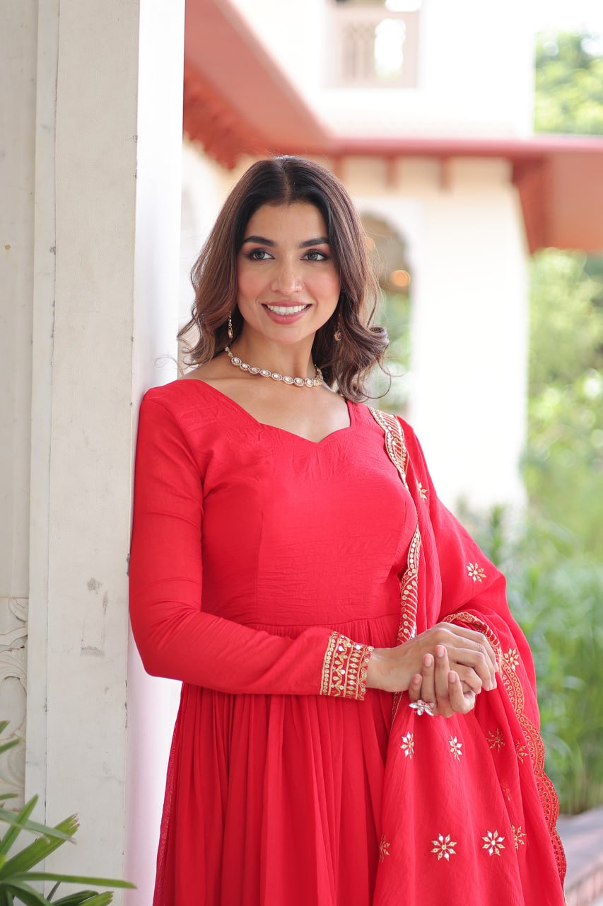 Vichitra Silk Embroidered Gown Set (Red)