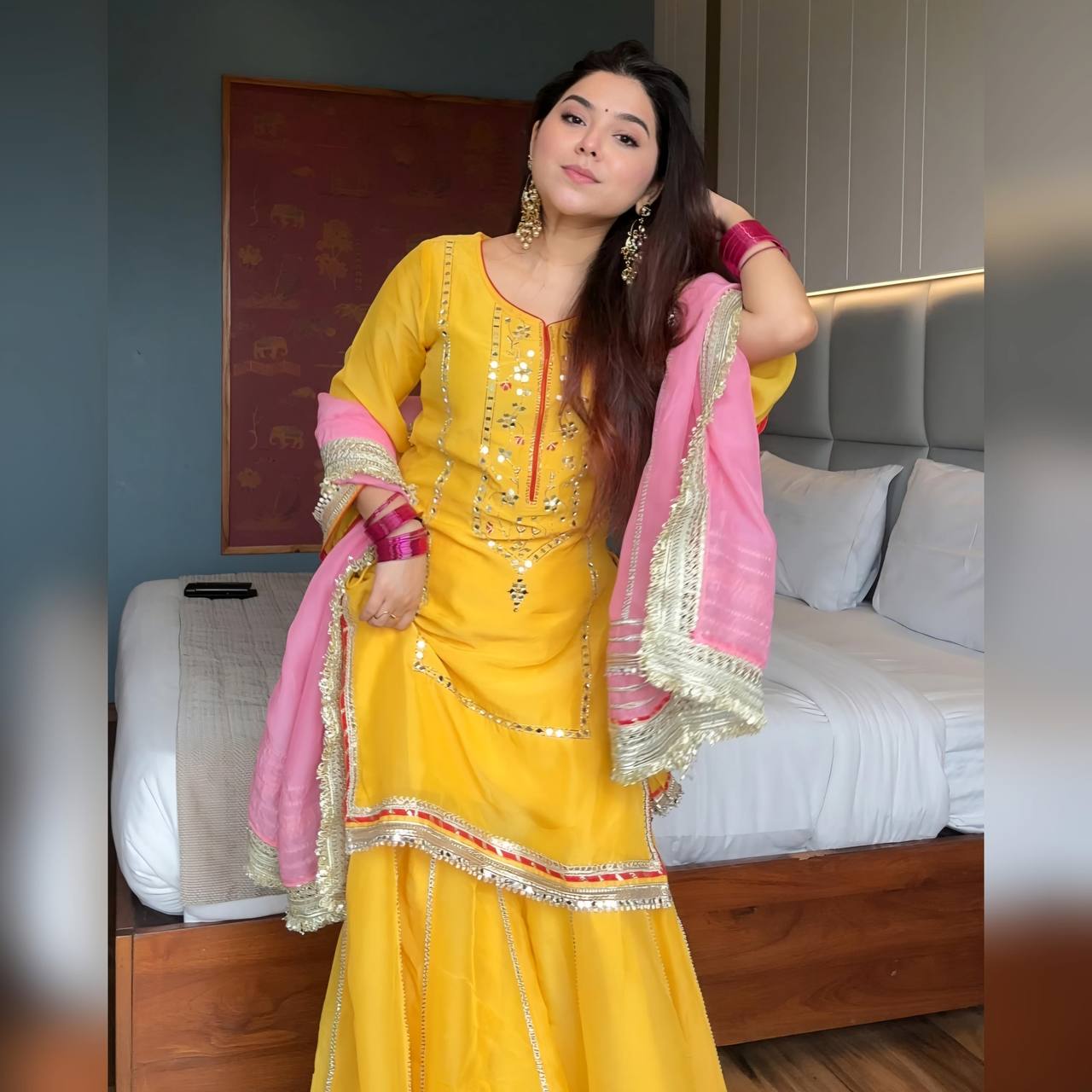 Mirmaya Yellow Premium Anarkali Designer Chinon Silk Kurta Sharara Set